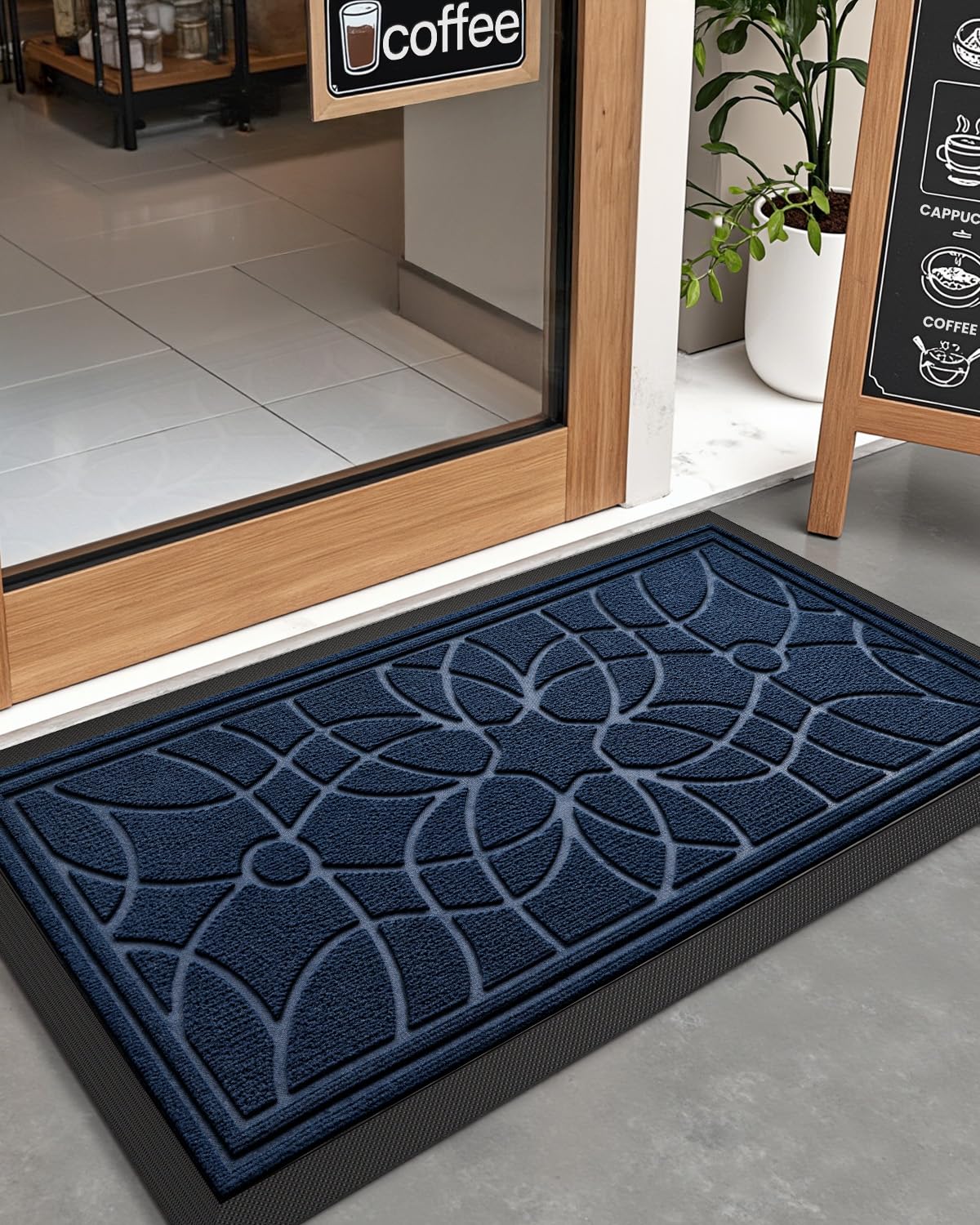 DEXI Front Door Mat Outside Entrance 24x47, Heavy Duty Non Slip Low Profile Doormat for Entryway, Trap Dirt and Moisture Welcome Mats, Easy Clean, Patio, Garage, Blue
