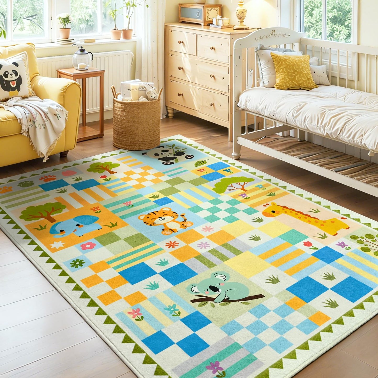 4x6 Washable Kid Playroom Rug, Unisex Green Safari Jungle Woodland Animal Toddler Carpet, Soft Non-Slip Baby Nursery Area Rug with Cute Colorful Checkered Design for Boy Bedroom