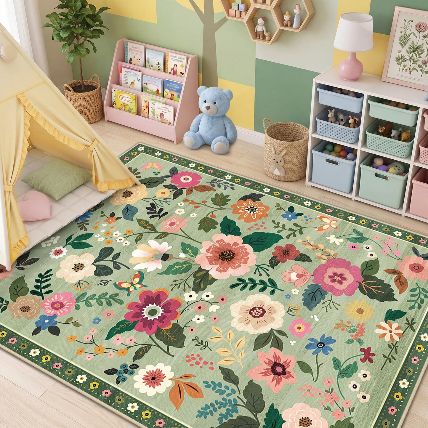 RELEANY Floral 5x7 Area Rugs Washable Print Boho Cute Carpet Non Slip Flower Low Pile for Living Room Bedroom Kitchen Office Farmhouse-Light Green