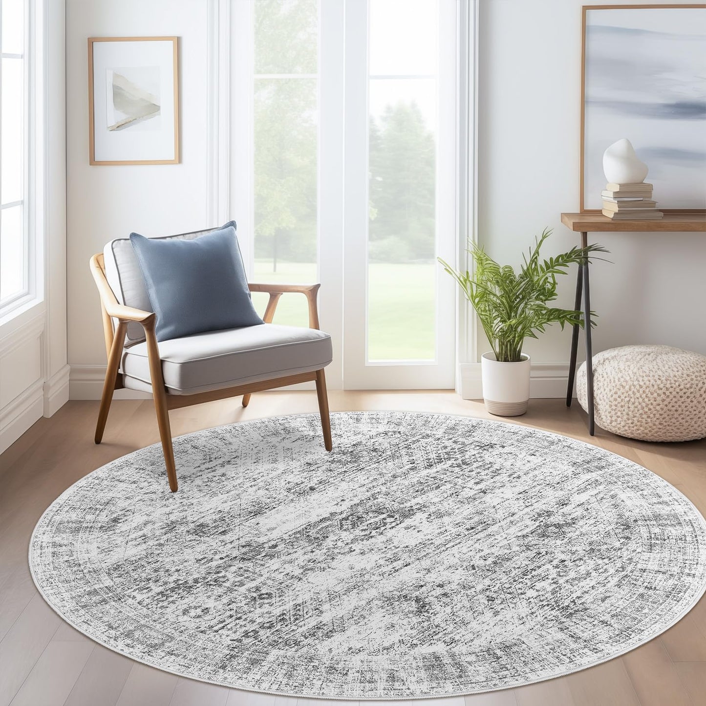 Soalmost 6x6 Grey Round Rug 6ft Living Room Circle Rug Gray Vintage Round Area Rug Non Slip Indoor Carpet for Dining Room Bedroom