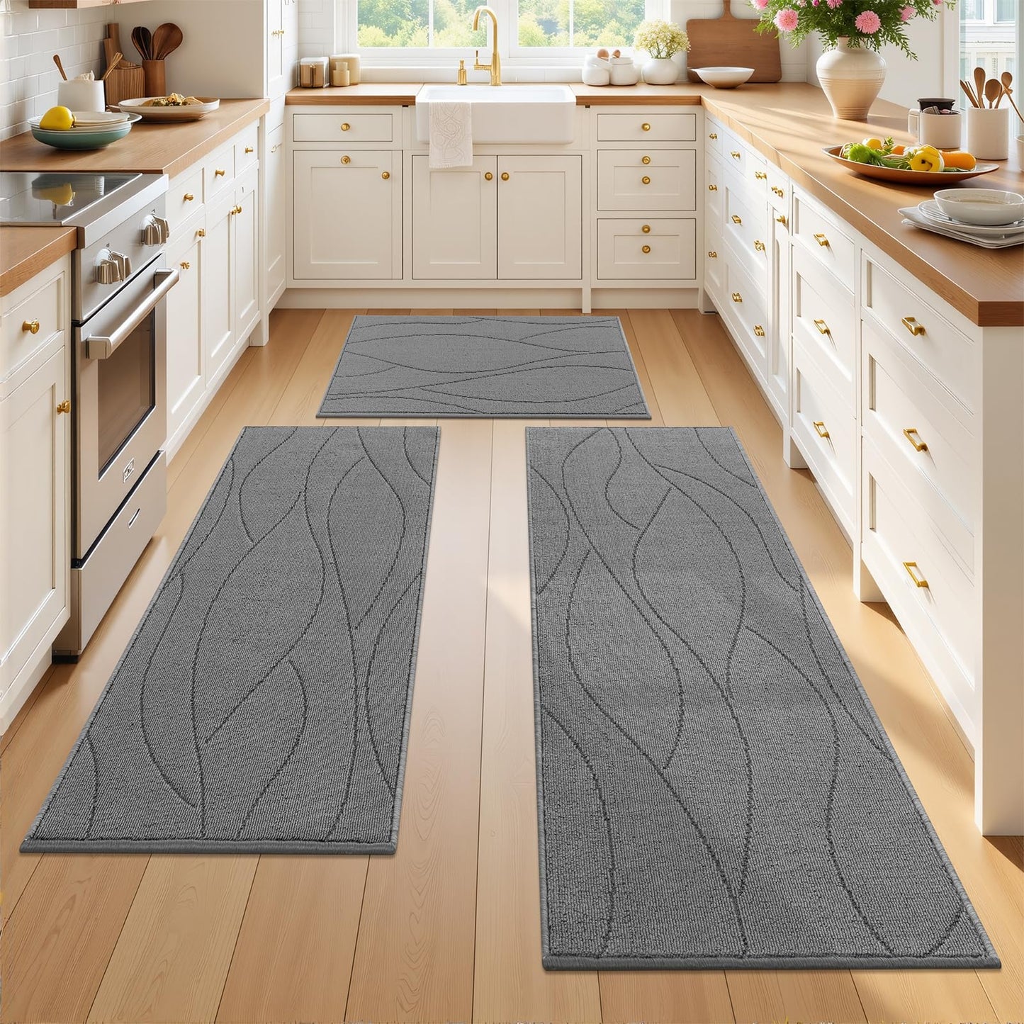 Bsmathom Kitchen Rugs Sets of 3, Non Slip Kitchen Runner, Machine Washable Non Skid Kitchen Rug, Kitchen Floor Mat for Hallway Entryway Laundry Room, Light Gray