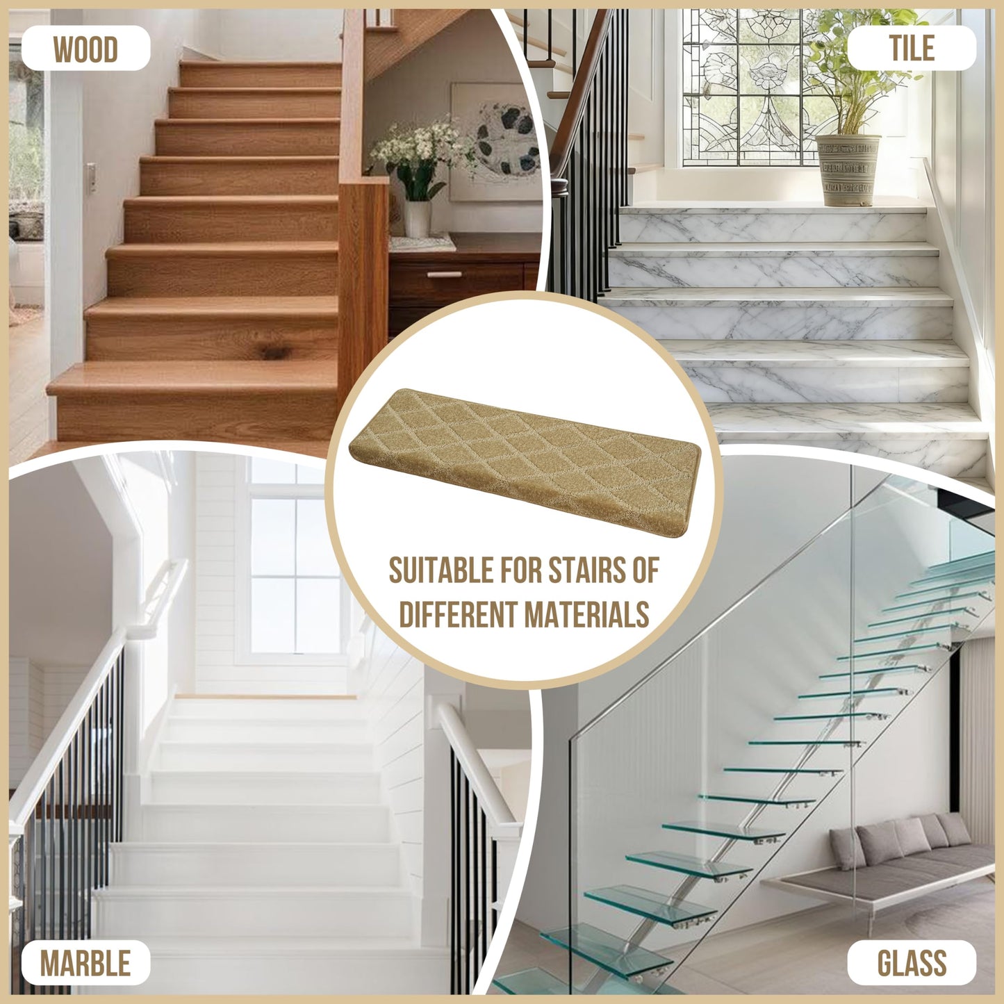 DEXDE Bullnose Stair Treads for Wooden Steps 14 Pcs, Non-Slip Peel and Stick Carpet Stair Runners, Washable Indoor Rugs with Edge Protection, 30"x9.5"x1.5", Khaki