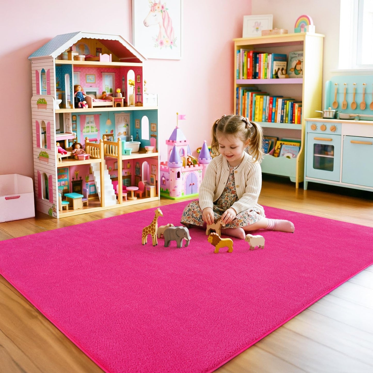 Quntue Area Rugs for Living Room Bedroom, 5x8 Feet Hot Pink Memory Foam Rug, Super Soft Thickened Modern Indoor Dorm Carpets, Upgrade Non-Slip Washable Bedside Rug for Boys Girls Nursery Home Decor