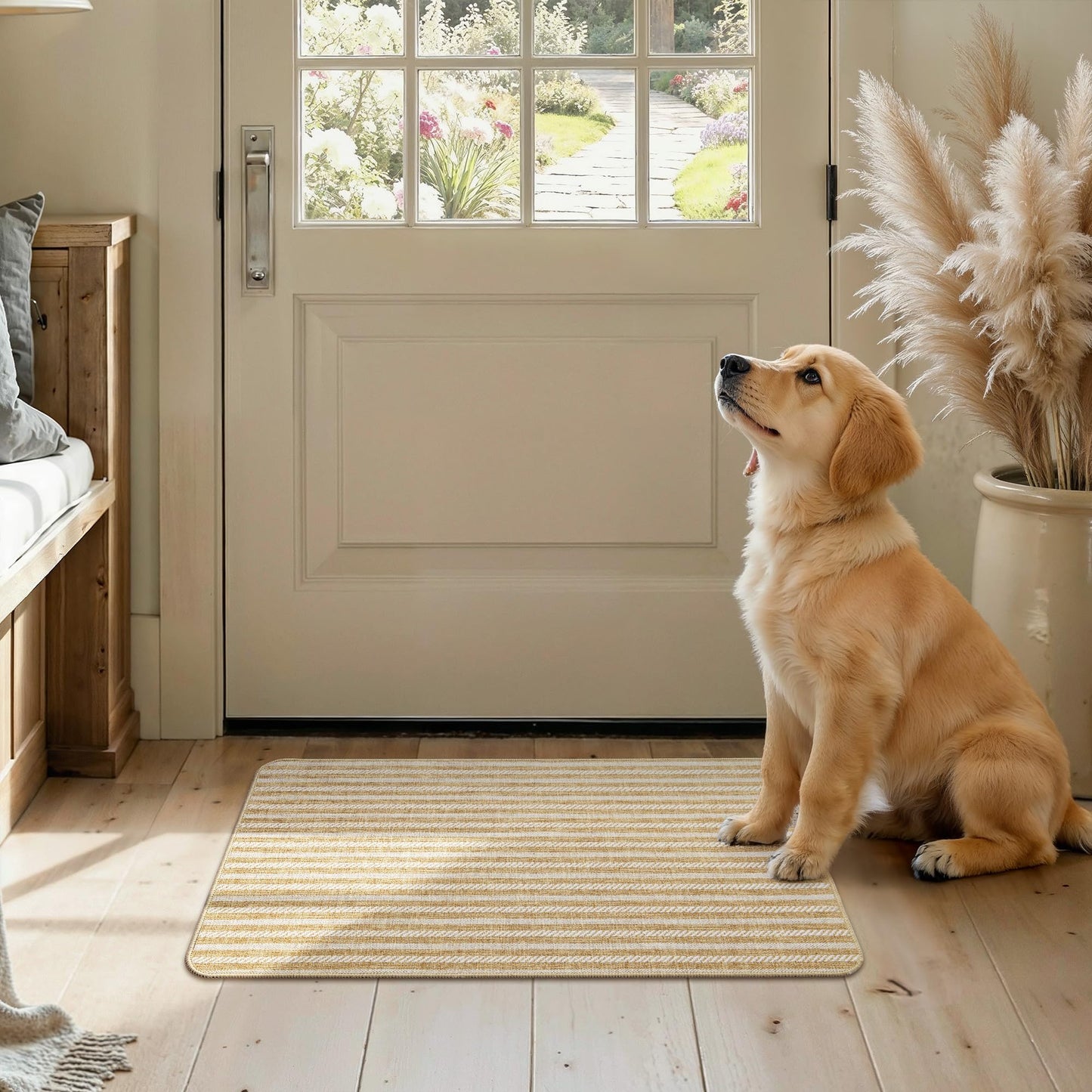 MatEssenz Pet-Friendly Indoor Door Mat - Premium Woven Muddy Paws Dog Mat, Machine Washable Entryway Rug with Durable Rubber Backing, Low Profile Inside Doormat for Dogs, Cats, 17"x29.5", Khaki