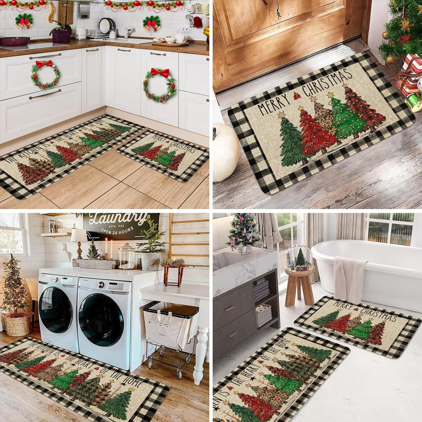 bchiijds Christmas Tree Kitchen Mat Decor, Black & White Buffalo Plaid Christmas Kitchen Rugs Set of 2 Non Slip Indoor Xmas Holiday Floor Mat Runner Rug Home Decorations