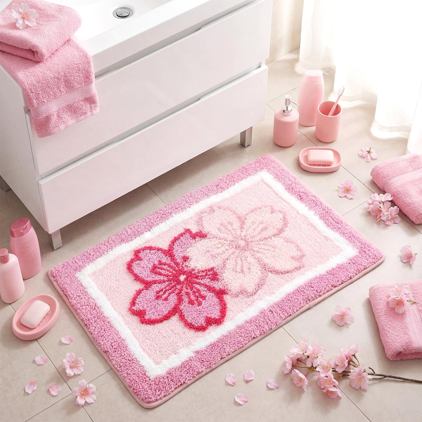 Boao Cherry Bath Mat Blossom Pink Flower Tufted Bathroom Rug Non Slip Soft Absorbent Tufted Cute Cherry Bathroom Accessories Decor for Bedroom Kitchen Floor Tub Shower Sink, 24 x 16 Inches
