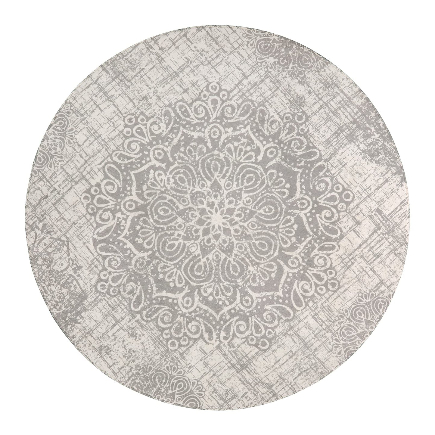 Lahome Medallion Round Rug - 5ft Machine Washable Round Bedroom Rugs Grey Non-Slip Throw Round Rugs for Living Room Vintage Distressed Circle Dinning Room Rug Large Round Carpet for Kitchen Office