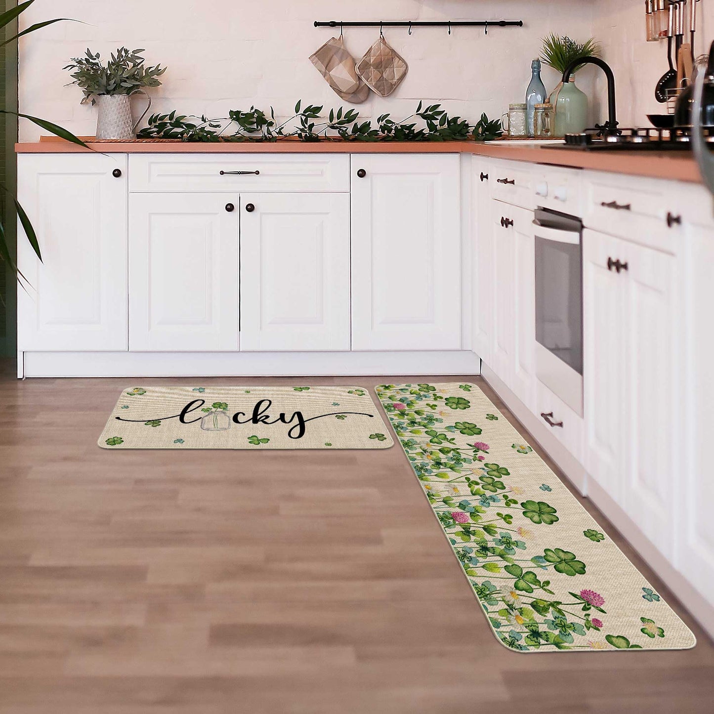 Printspree Lucky Clover Kitchen Rugs Set of 2, Shamrock and Floral Design for Kitchens, Doorways, and St. Patrick's Day Decor, Non-Slip Rubber Backing Floor Mats, 17x29 and 17x47 Inch