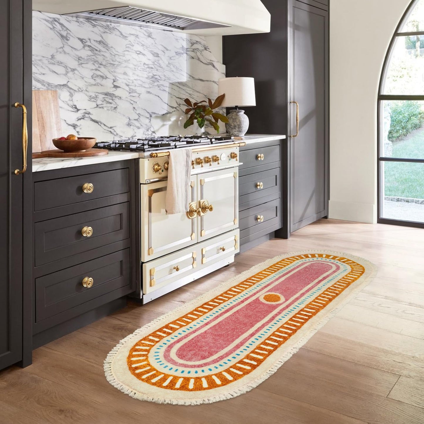 Lukinbox Boho Bathroom Runner Rugs with Fringes, 2x6 Oval Sun Washable Hallway Runner Rug, Extra Long Soft Non-Slip Rainbow Area Rug for Kitchen Laundry Room Entryway