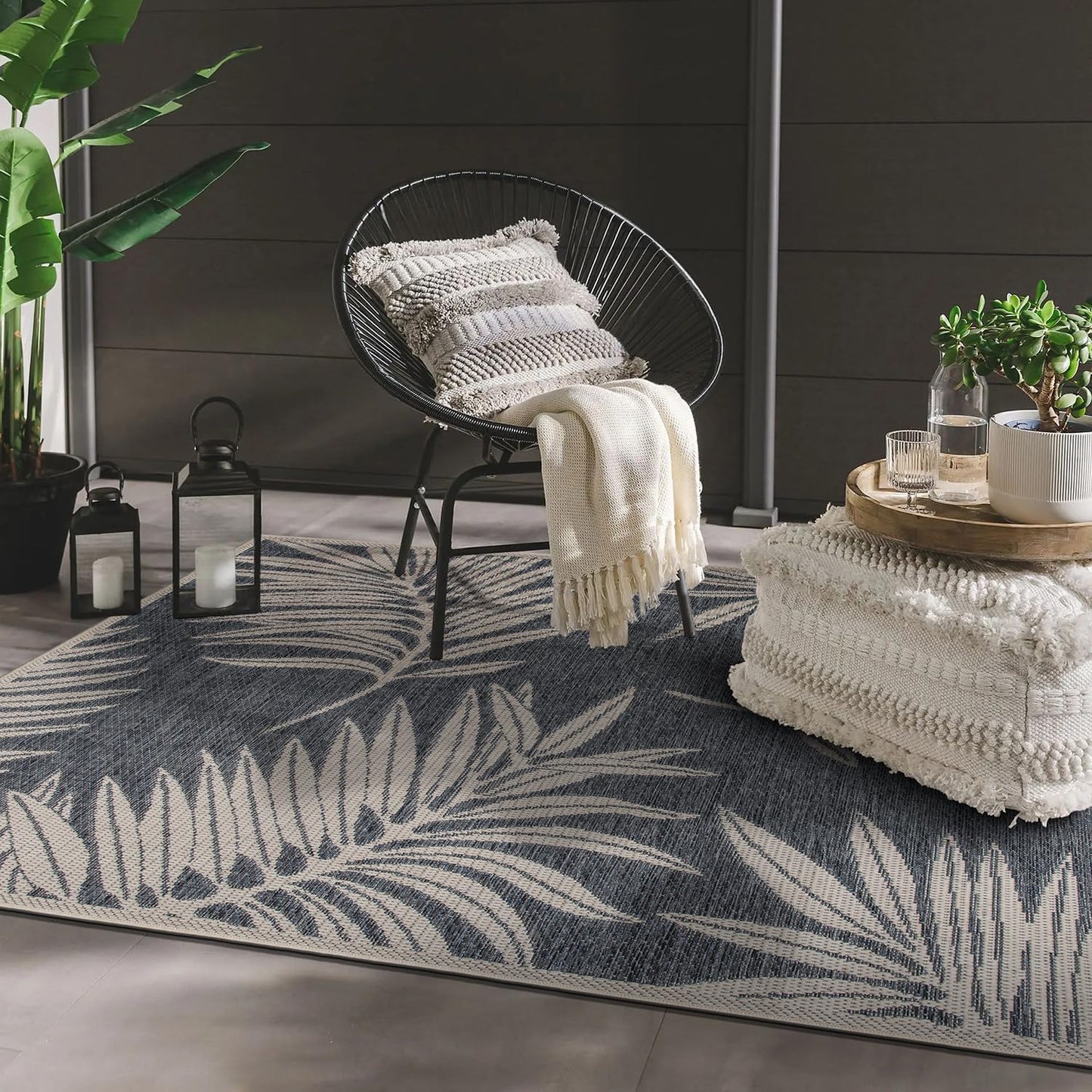 Rugshop Leaf Design for Patio Rugs,Deck Rugs,Balcony Rugs Indoor/Outdoor Area Rug 4' X 6' Blue