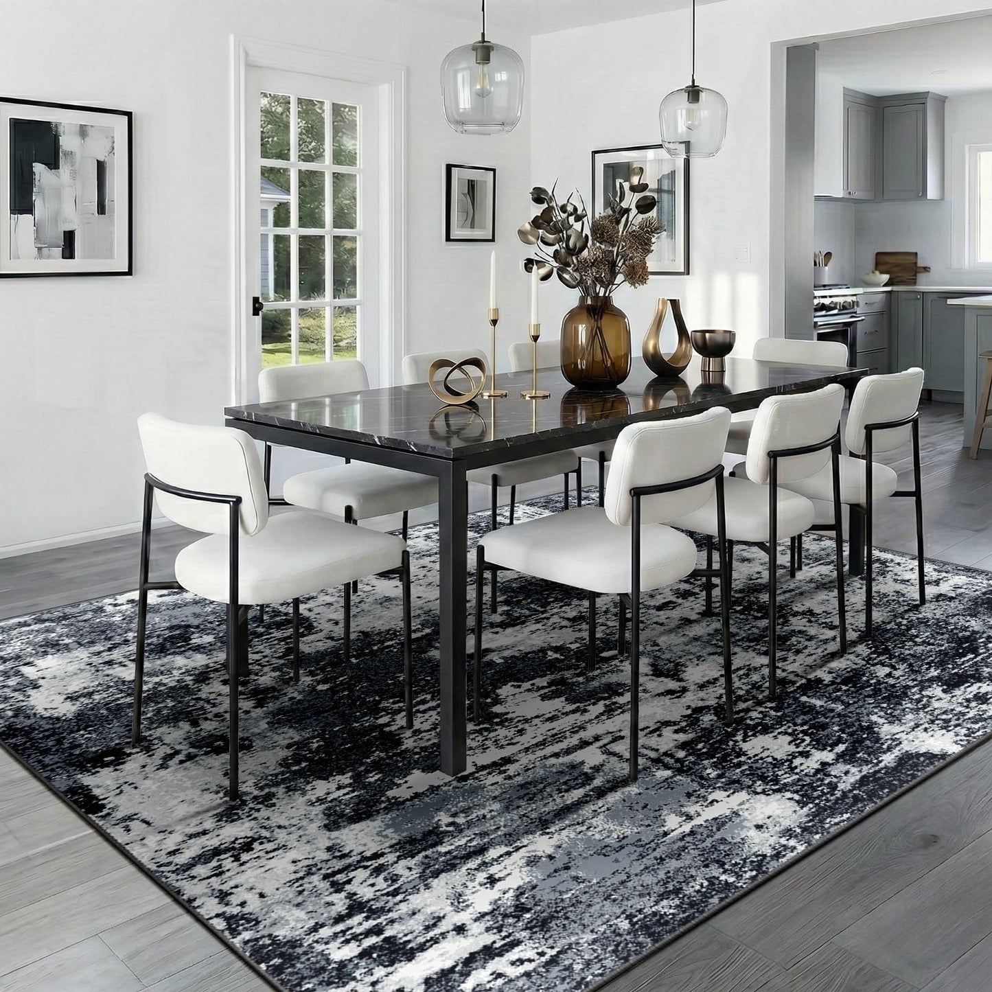 RELEANY Washable Area Rugs 8'x10' Non-Slip Modern Abstract Soft for Living Room Entryway Bedroom Kitchen, Print Pattern, Black Navy Blue Gray