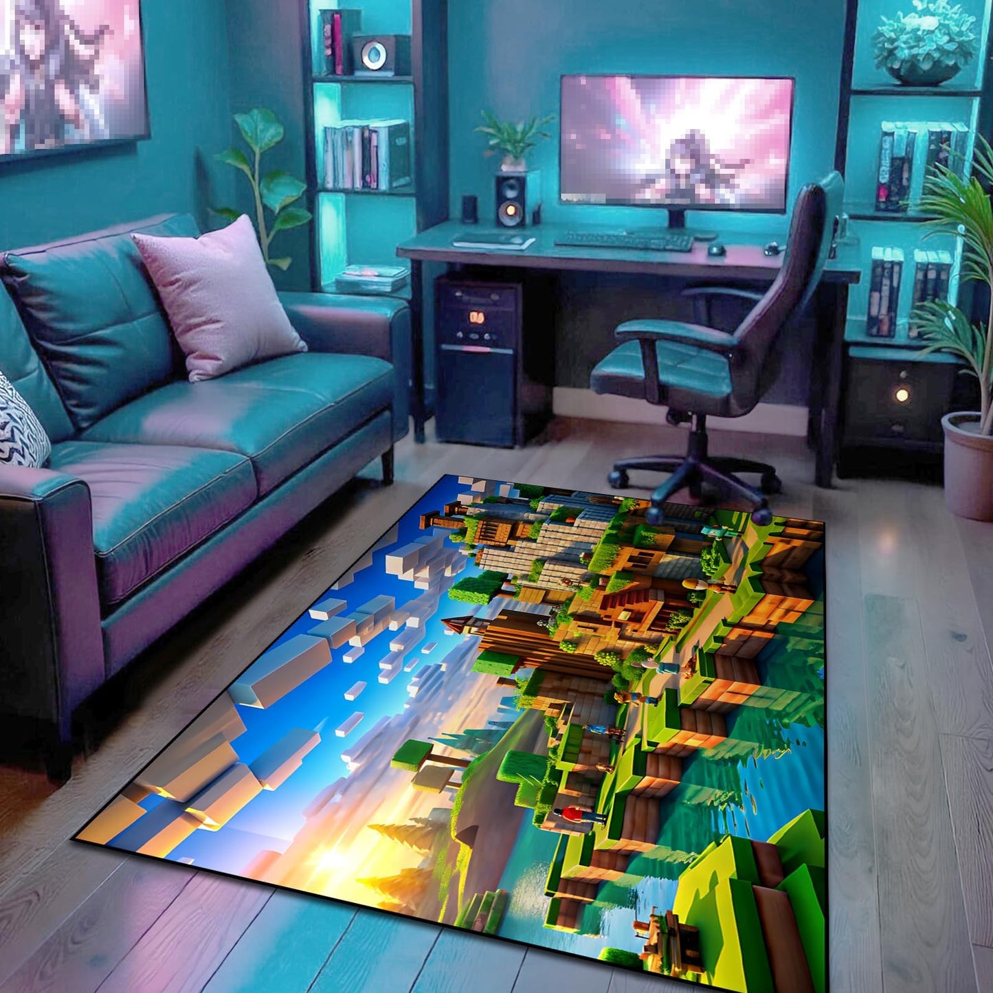 Block Game Rug Teen Kids Carpet, Pixel Games Scene Decoration Mat, Washable Cube Block Game Rugs for Boy's Bedroom Living Room Playroom, Non-Slip Children Gaming Area Rugs, Green Village, 60" x 40"