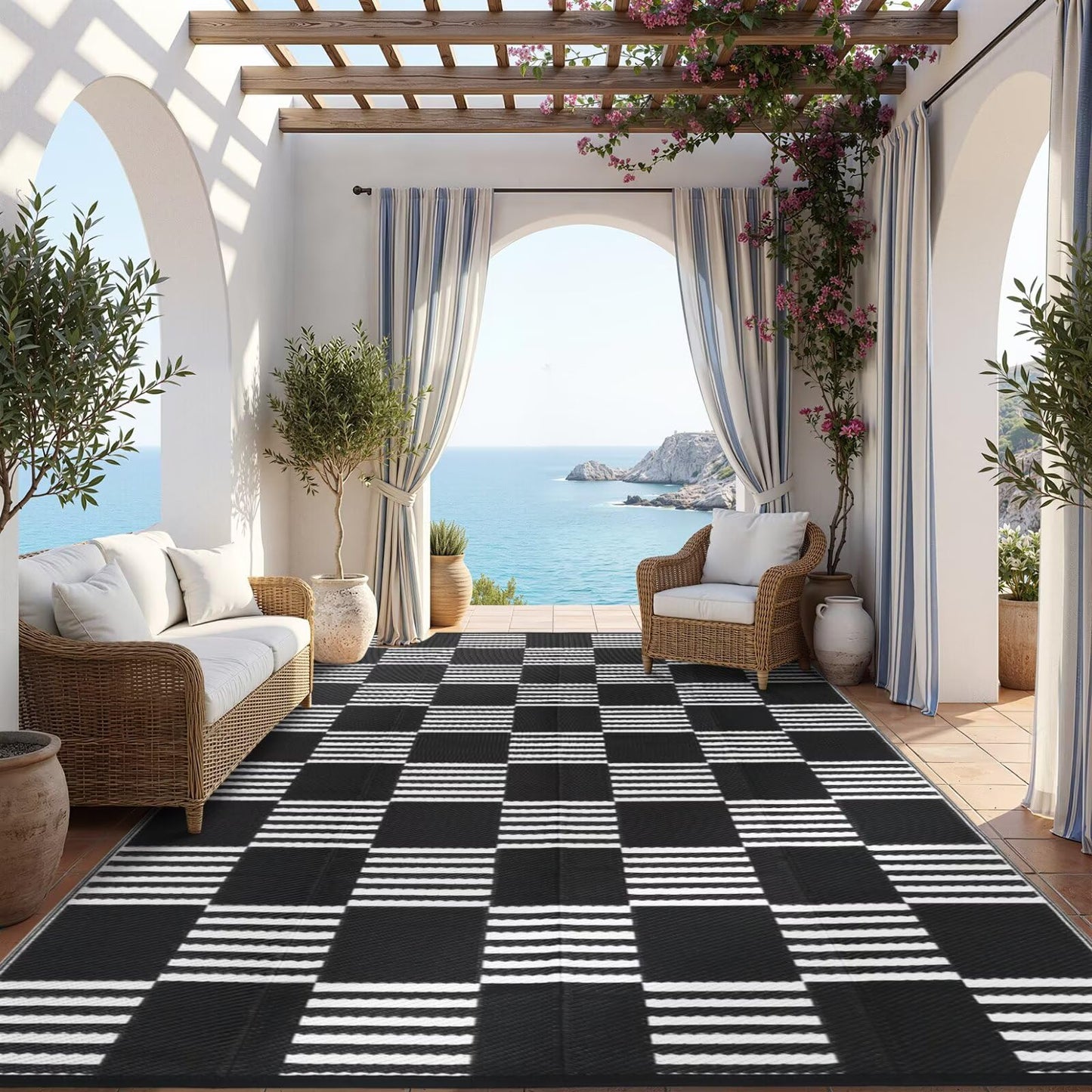 Garvee Waterproof Outdoor Rug 5x8, Checkered Foldable Plastic Straw Patio Camping Rug, Outdoor RV Carpet for Deck Camper Porch Balcony Backyard Picnic Beach Black and White