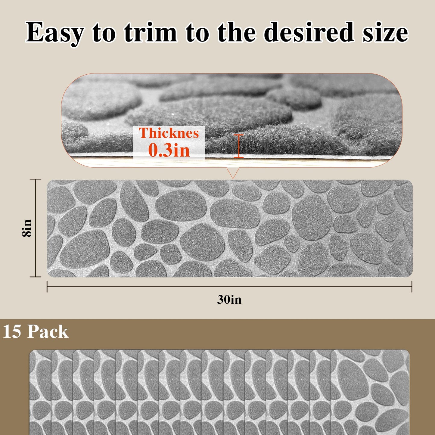 Self Adhesive Residue Free Machine Washable Reusable Stair Treads Non Slip Steps - 100% Polyester Heavyduty TPE Backing Wooden Stair Runner Indoor - 15 Pack 30"X8" Anti Slip Mats - Stone Grey