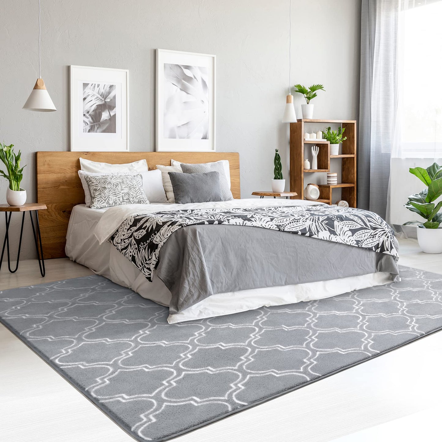 Chicrug Shag Geometric Modern Area Rug for Bedroom, 3x5 Feet Memory Foam Indoor Carpet, Fluffy Rug for Living Room Bedside Room Decor for Family Girls Kids Nursery Play Mat, Grey/White