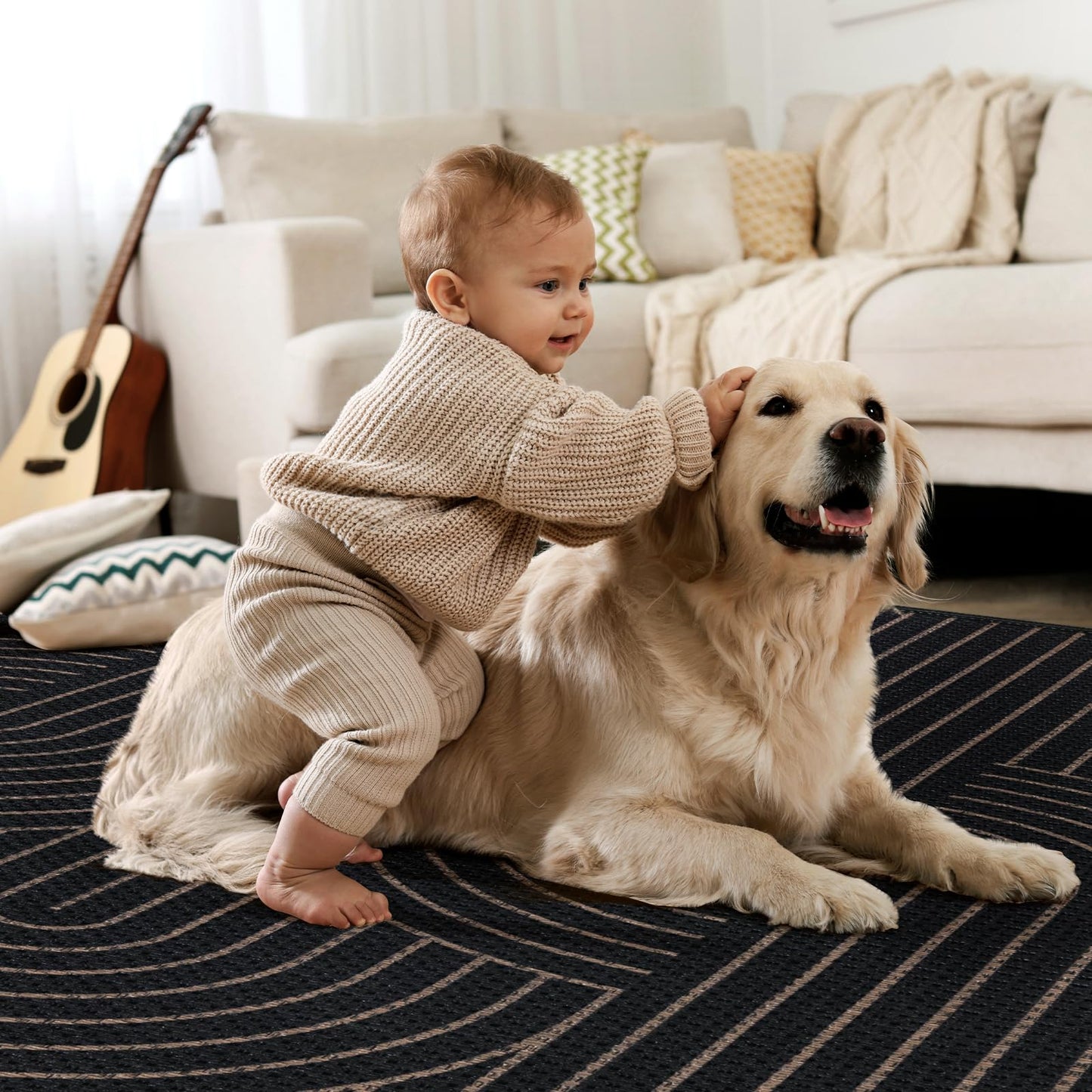 Tangsoo Black Geometric Easy Jute Rug, 2x3 Washable Ultra Thin Foldable Rug for Entryway, Non-Slip Rainbow Outdoor Mat Throw Carpet for Kitchen Bedroom Front Porch Doorway Entrance