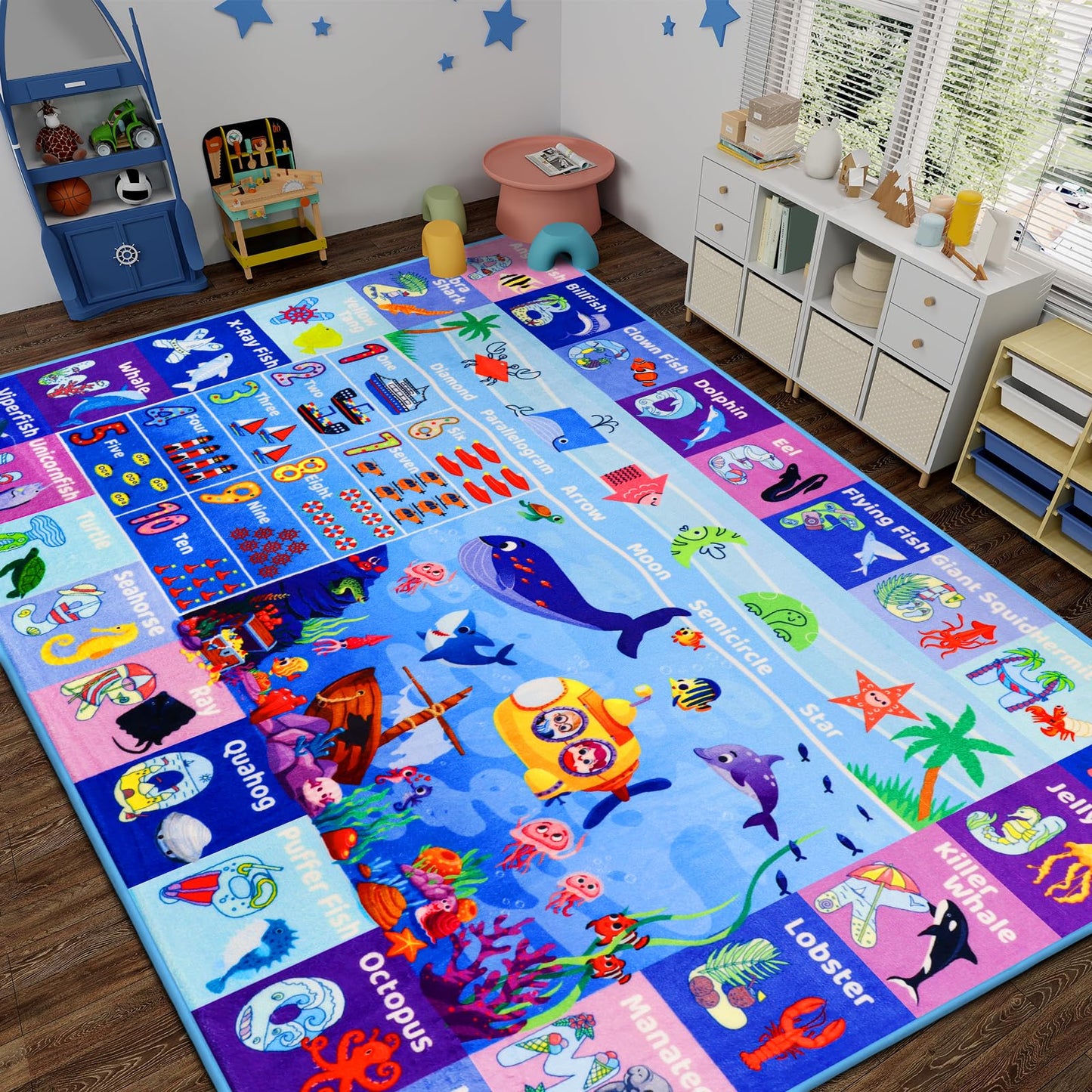 Mfmiudole Ocean Educational Kids Learning Rug with ABC Alphabet, Sea Animals, Numbers & Shapes, Interactive Preschool Play Carpet for Classroom Nursery Homeschool, Non-Slip Rug, 5' x 3'3"