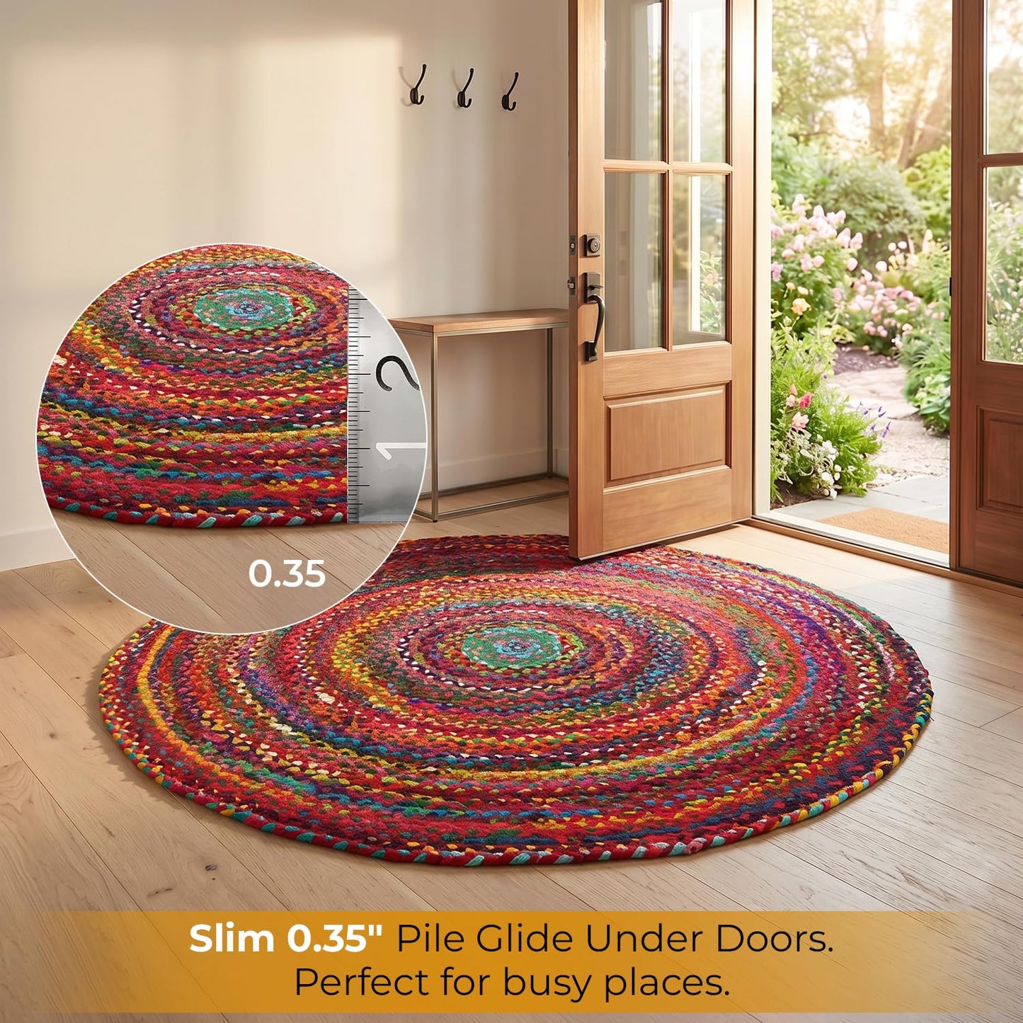 GRUHUM Cotton Area Rug 5ft-Natural Fiber Round Multicolour Handmade Boho Charm Farmhouse Soft Braided Rustic Vintage for Living Room Bedroom Indoor EcoFriendly Kitchen Enterways Hallways(5'ft Round)