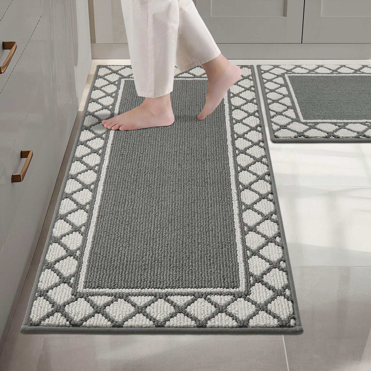 COSY HOMEER Washable Kitchen Rugs Sets of 2 Non-Slip Kitchen Mats for Floor Absorbent Kitchen Runner Rug for Kitchen Carpet,Sink Mat and Laundry, 20"x30"+20"x48",Grey
