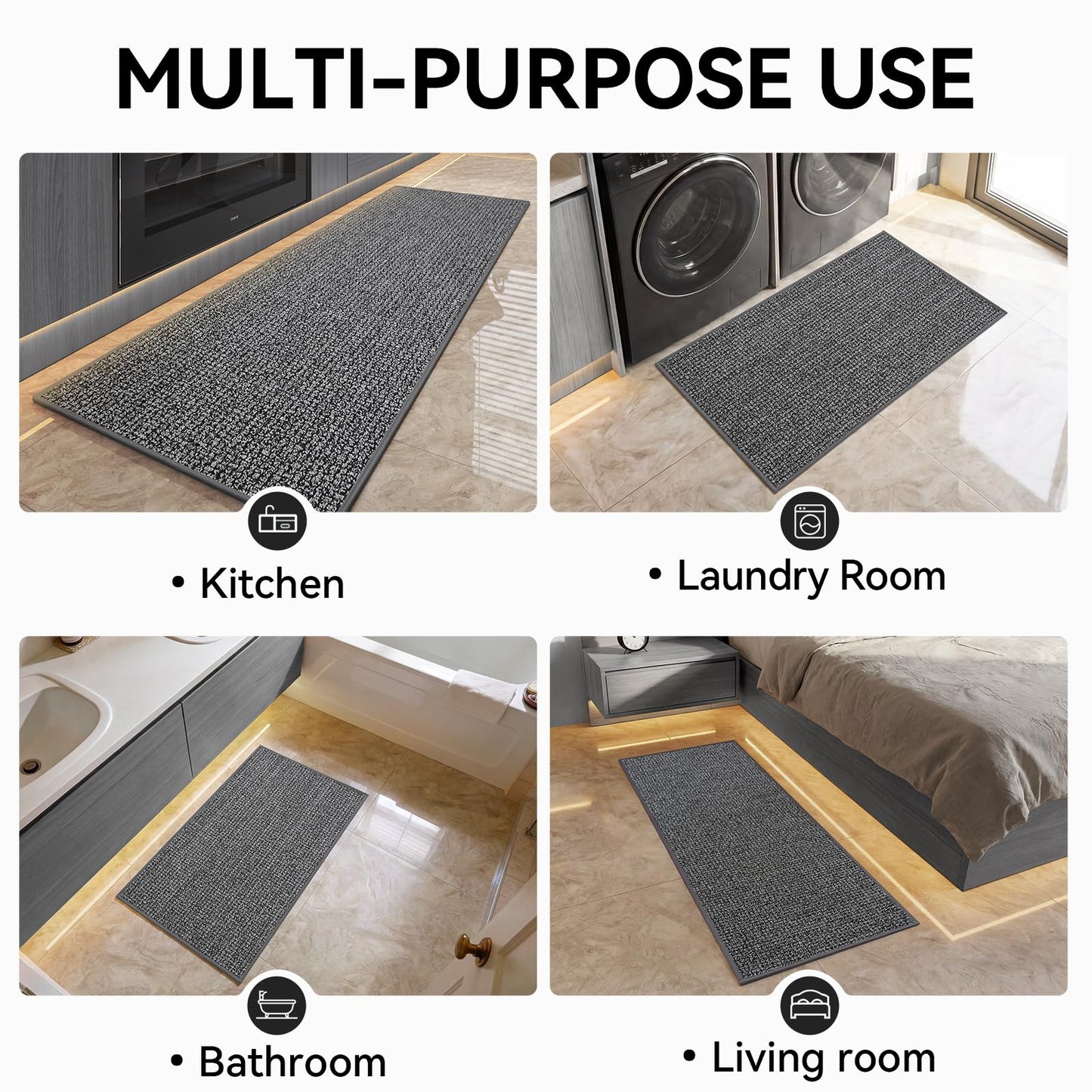QiCaiJia Kitchen Rugs and Mat Non Slip Washable, Super Absorbent Kitchen Mats for Floor, Rubber Backing Soft Braided Standing Kitchen Sink Mat Kitchen Runner, Front of Sink, Easy Clean, Grey 17"x30"