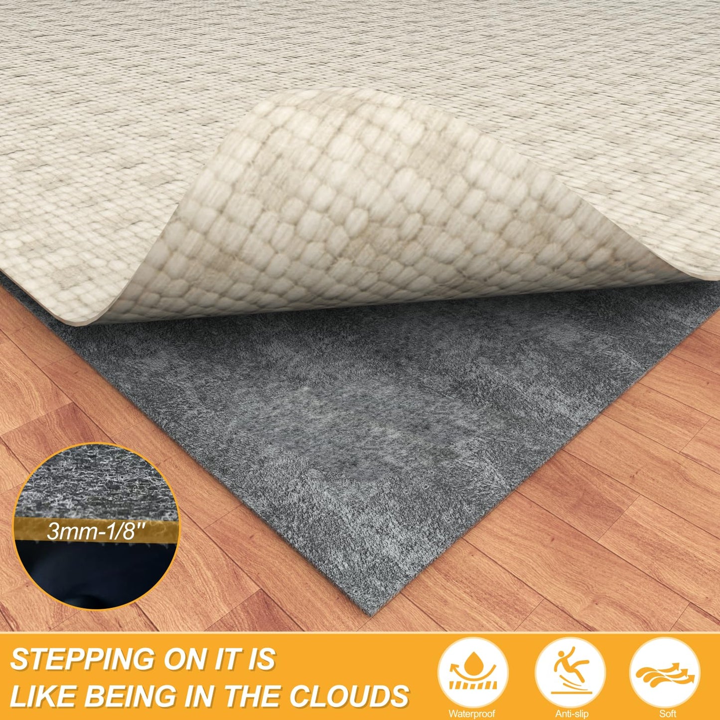 Non Slip Felt Rubber Rug Pad, Thick Felt Rug Pads for Hardwood Floors, Under Area Rugs Protective Cushion Pads for Carpet, Felt and Rubber Underpad for Home Place Surface Safe (Grey, 5' x 7')