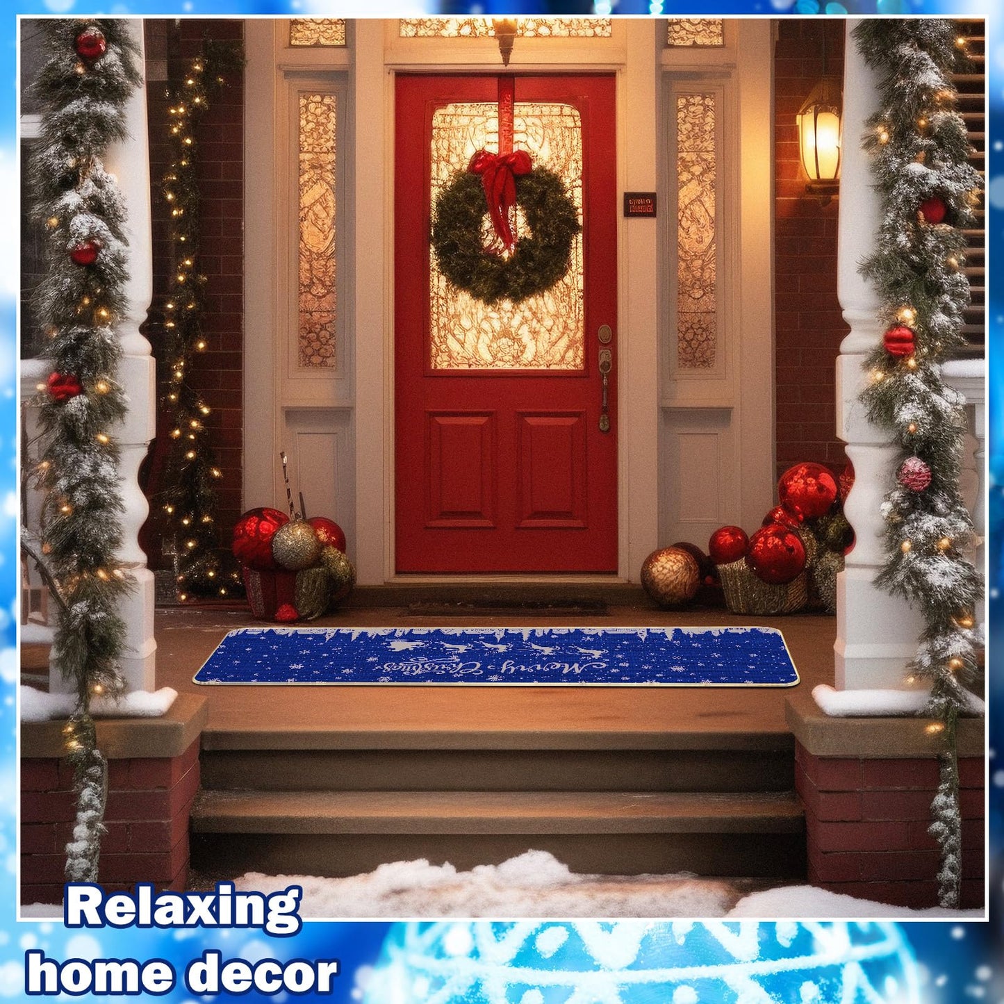 Tinideya 3 Pcs Navy Blue Merry Christmas Snowflakes Kitchen Rugs HOHOHO Let It Snow Blue Kitchen Mats Santa Christmas Decorations Village Indoor Floor Mat for Home Bathroom Decor 16.5 x 31/47/ 59 Inch