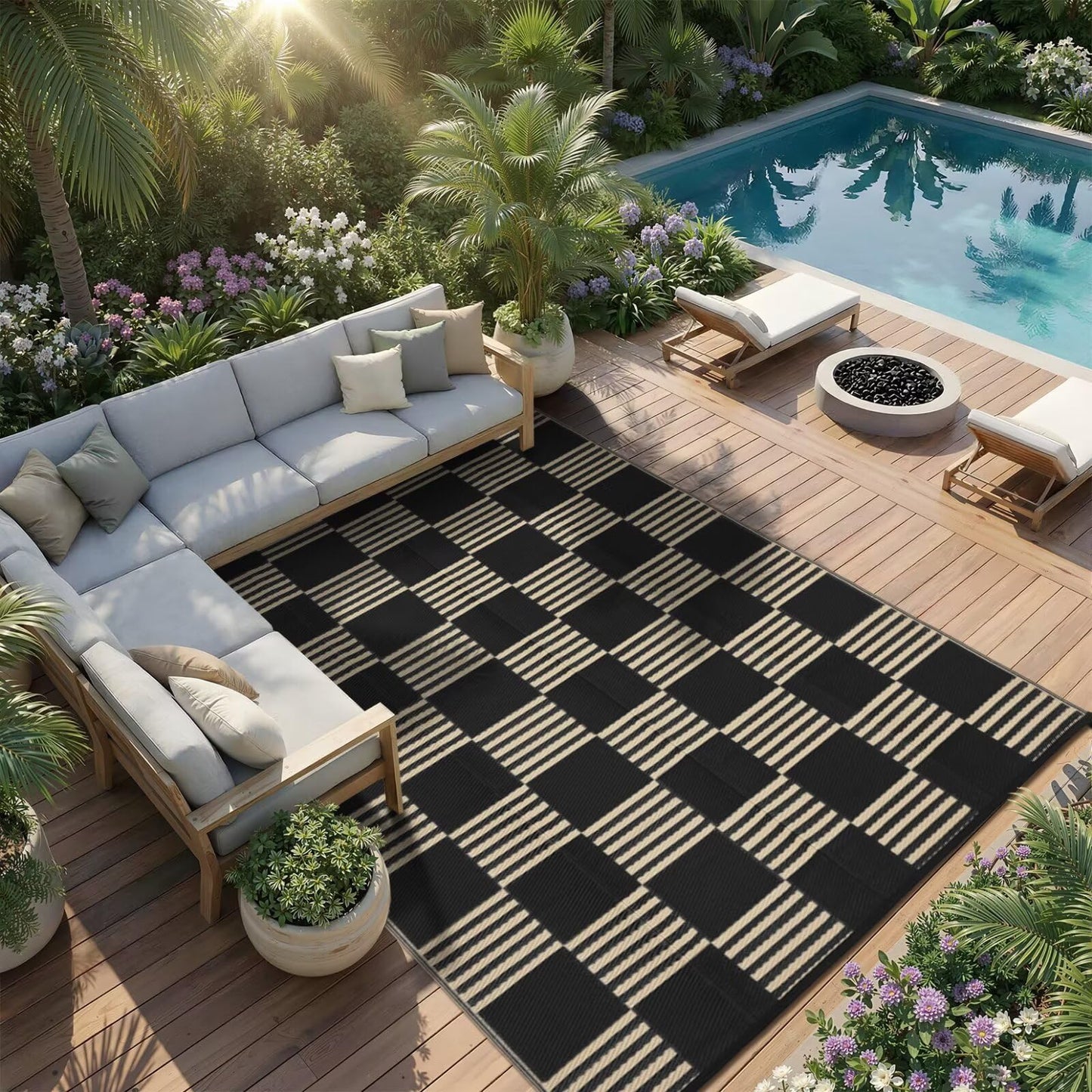 Garvee Waterproof Outdoor Rug 5x8, Checkered Foldable Plastic Straw Patio Camping Rug, Outdoor RV Carpet for Deck Camper Porch Balcony Backyard Picnic Beach Black and Brown