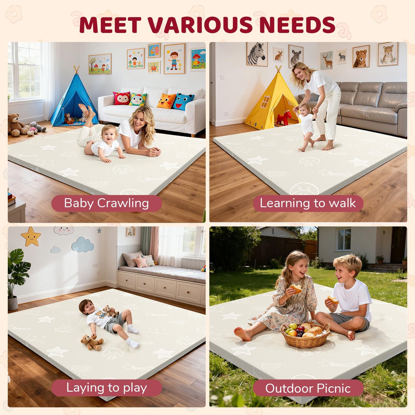 47x47 Baby Play Mat - Leather Waterproof Tummy Time mats for floor - 1.2" Extra Thick Foam Cushioned & Super Soft Babycare Playmat for Playpen Crawling- Padded Activity Gym for Kids Babies Toddlers