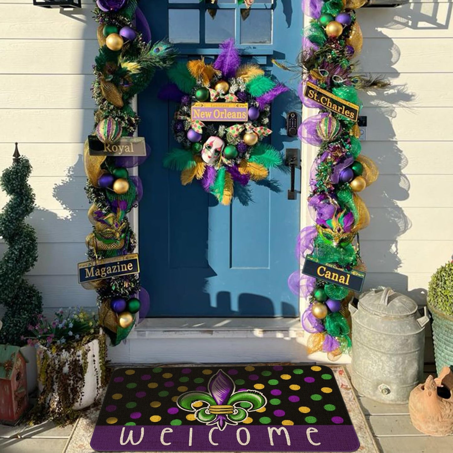 Kuyuayee Mardi Gras Welcome Door Mat 30x17 Inch Carnival Fleur De Lis Doormat Indoor Outdoor Entrance Floor Mats Non-Slip Washable Mardi Gras Decor Rugs