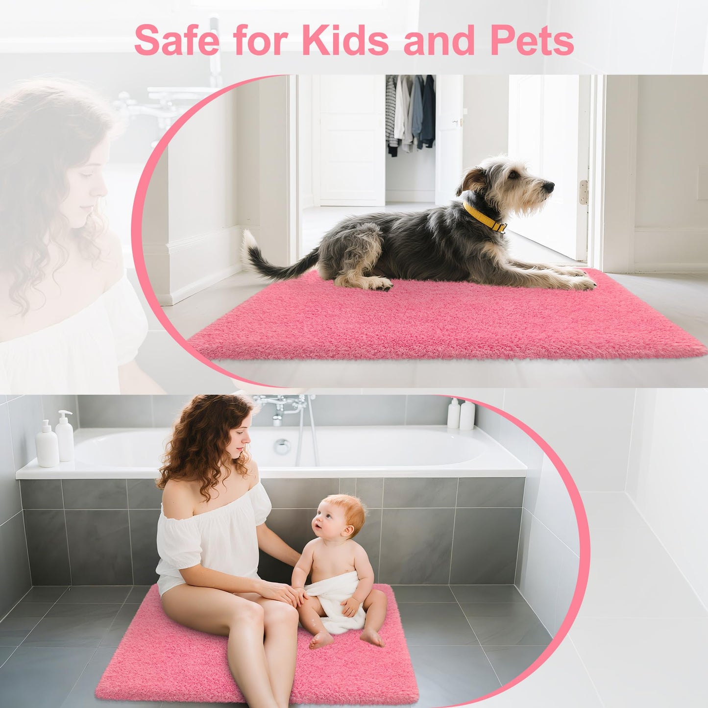 MondayRug Bathroom Rugs Non Slip 24"x16", Absorbent Bath Mats Quick Dry, Shaggy Microfiber Bath Rugs, Extra Soft Plush, Machine Washable Bath Mats for Bathroom Floor, Tub and Shower, Pink
