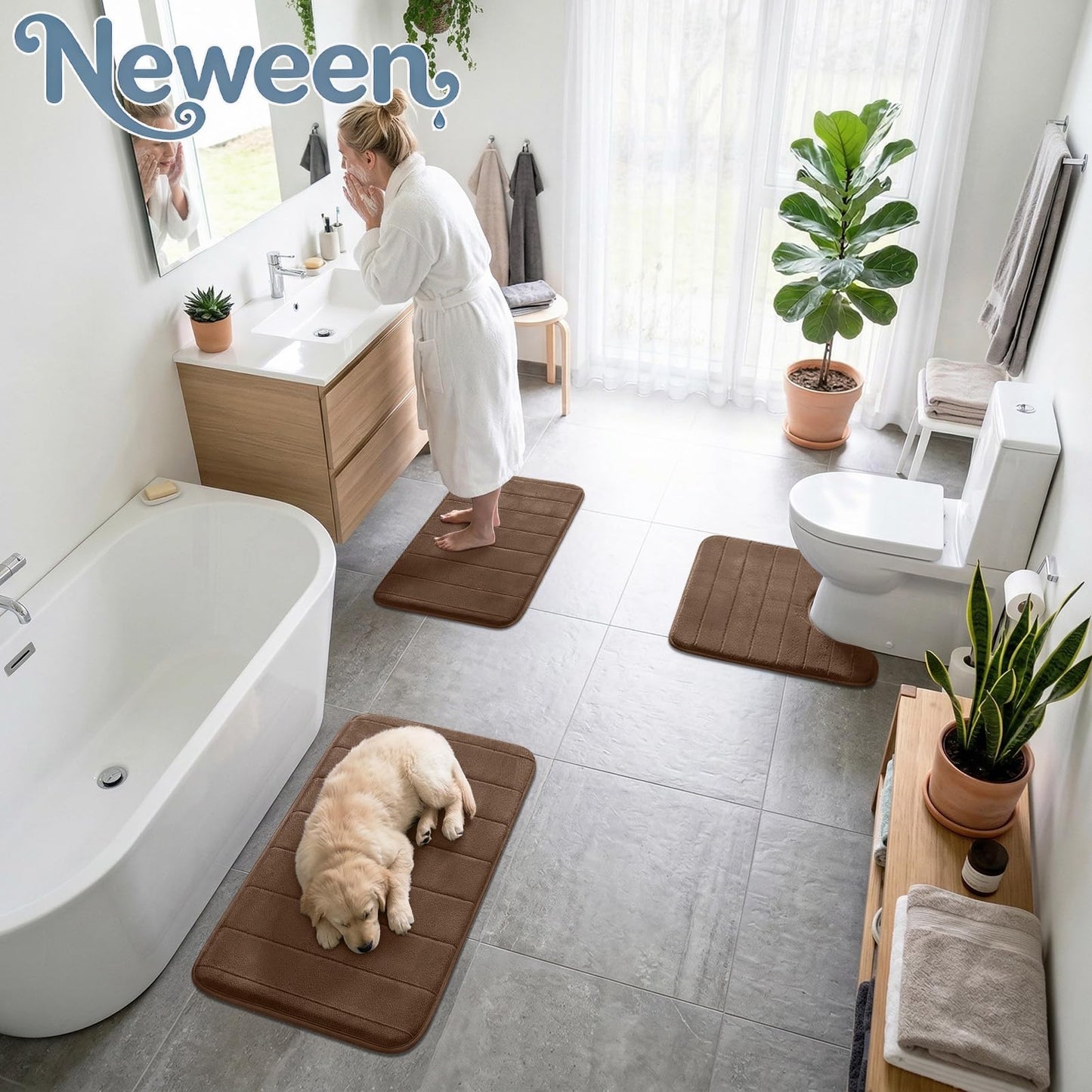 Neween Bathroom Rugs Set 3 Piece, Extra Soft Absorbent Non Slip Memory Foam Bath Mat Set, Thick & Quick Dry Washable Bath Rugs Bathroom Carpet Contour Toliet Mats for Floor, Tub, Shower (Brown)
