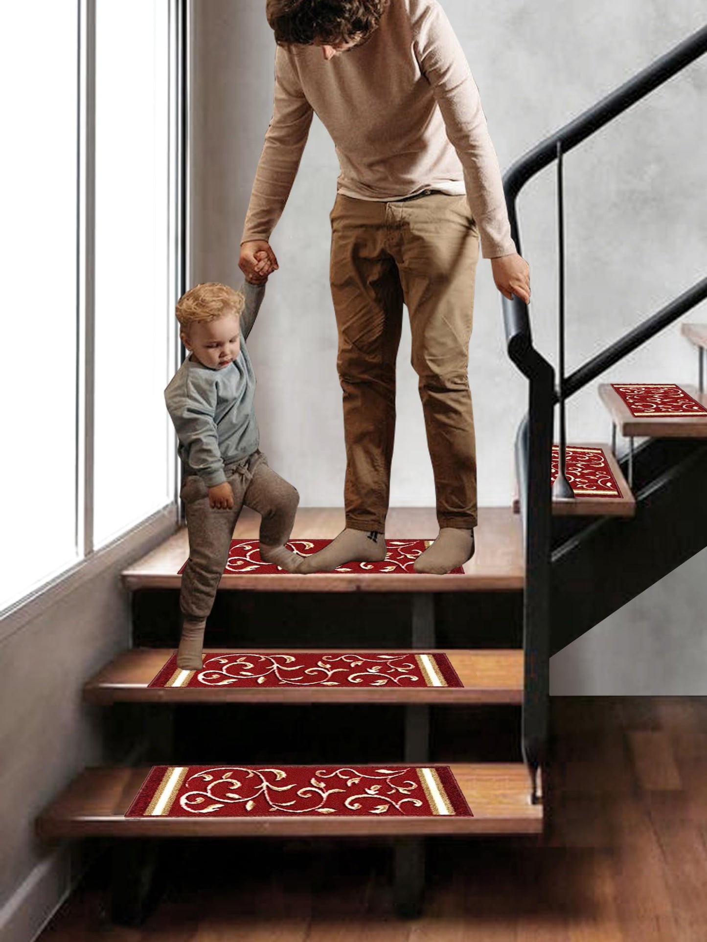 Gloria Non Slip Rubber Back Pet Friendly Floral Design Carpet Stair Treads Stairway mats (13, RED)