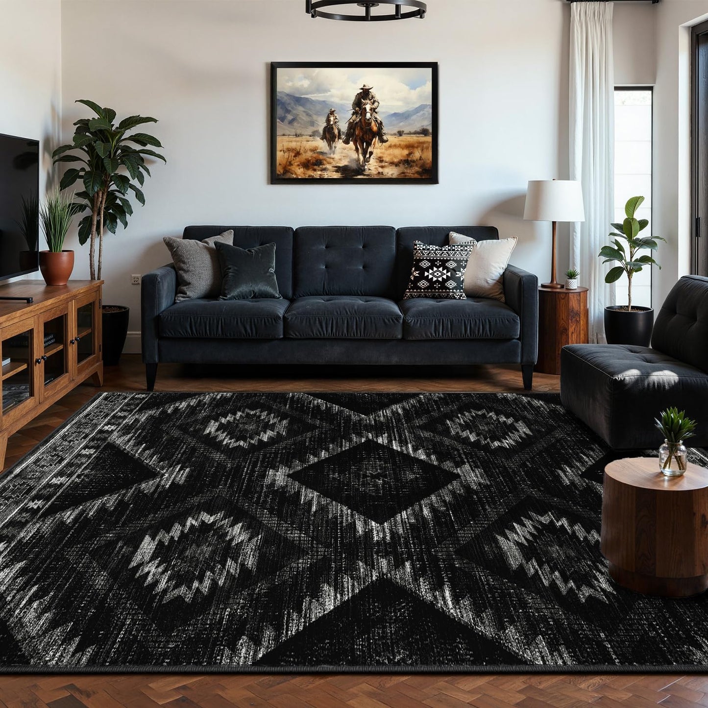 BESTSWEETIE Area Rug 5x7 Rug Machine Washable Non-Slip Low Pile Print Pattern Western Rug for Living Room Bedroom Entryway Tribal Series -Black