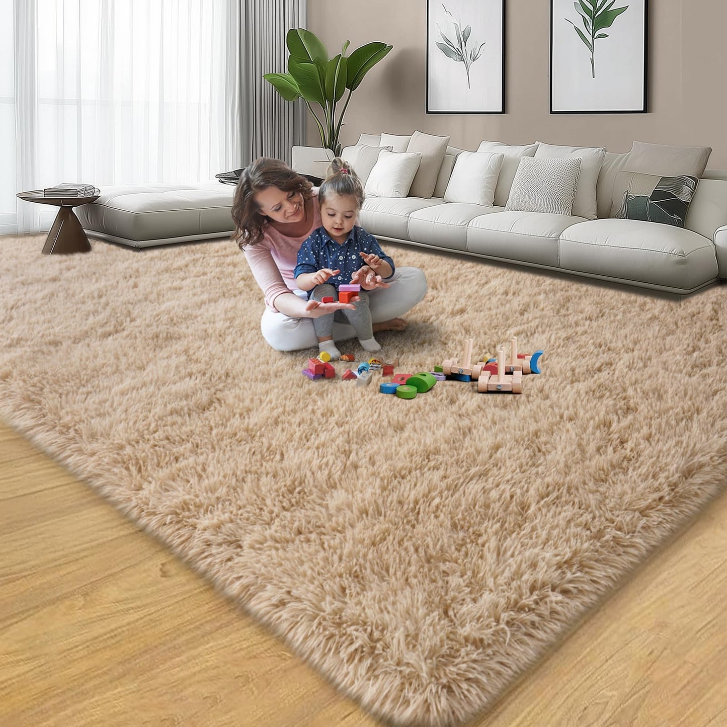 qulint Large Area Rug for Living Room 10x14, Soft Fluffy Tan Area Rug for Bedroom, Shag Shaggy Fuzzy Nursery Carpets for Boys and Girls Dorm Room Kid Room Home Decor (10ft x 14ft, Light Tan)