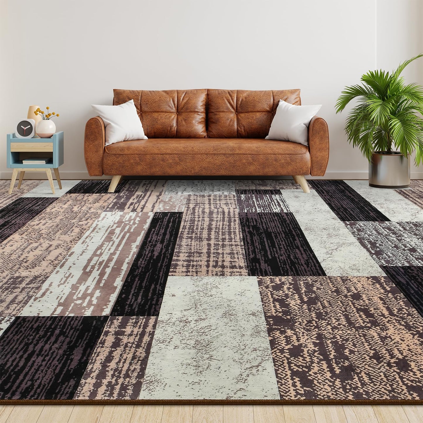 Large Area Rugs,Modern Geometric Patchwork Floor Decor for Bedroom Aesthetic Carpet, Rockwood Collection, Indoor Rugs for Living Room Dining Room Nursery Office Machine Washable Rug, 4x6 Ft Chocolate