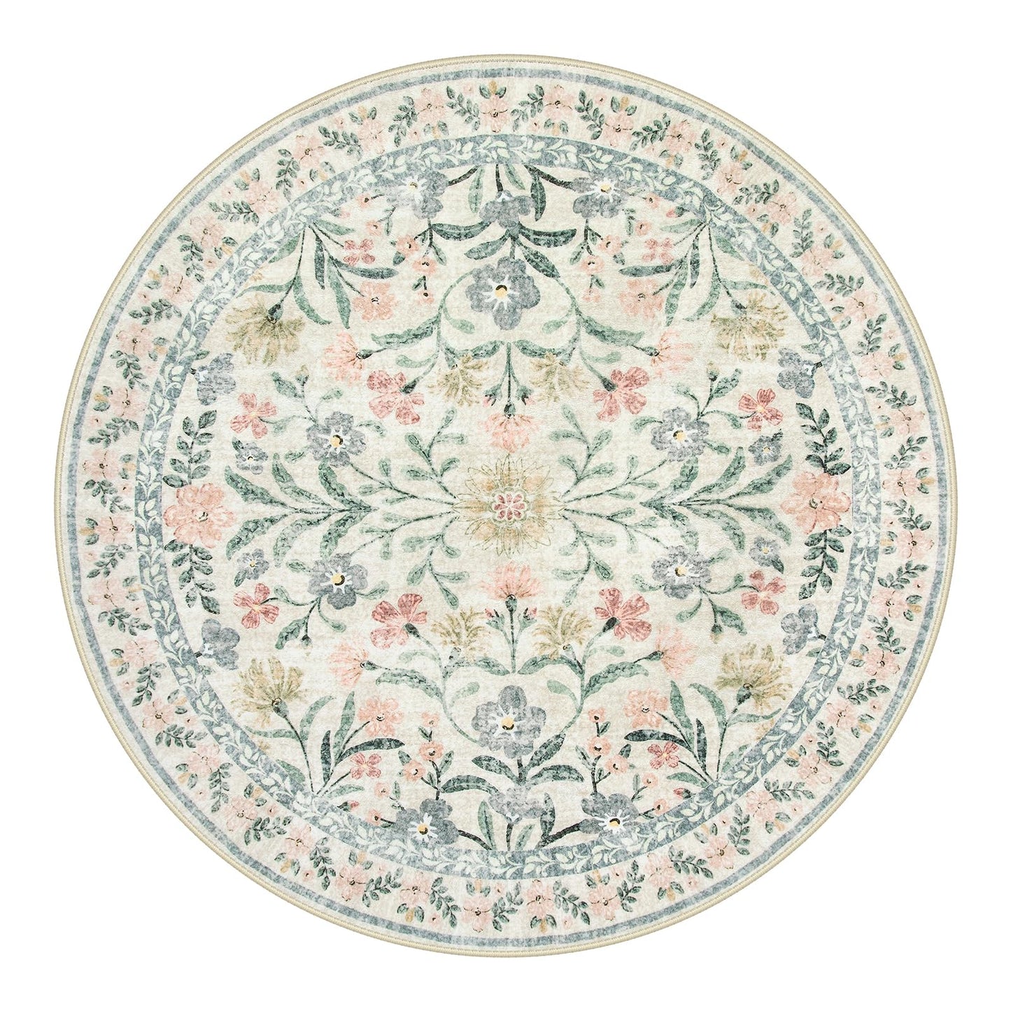 Wonnitar Floral Round Rugs 6ft, Boho Large Machine Washable Circle Rug, Low Pile Soft Flower Botanical Print Beige Round Carpet for Living Room Bedroom Dorm Sunroom
