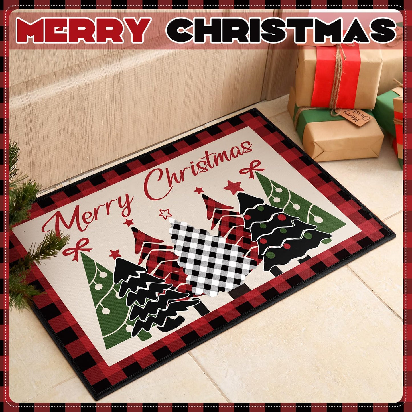 Tinideya 3 Pcs Christmas Tree Kitchen Rug Christmas Buffalo Plaid Kitchen Mats Set Xmas Tree Rugs Indoor Washable Carpet for Home Floor Winter Decor, 16 x 24 Inch and 16 x 47 Inch