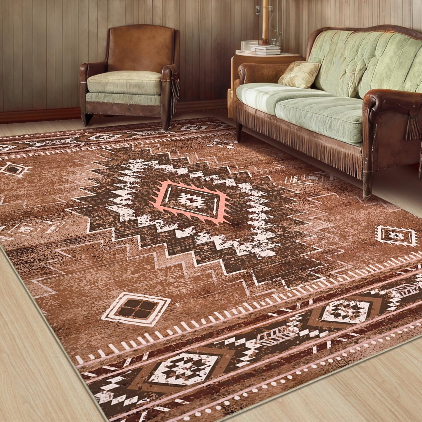 Yinhua Western Living Room Rug 5x7, Moroccan Low-Pile Washable Rug for Bedroom, Aztec Brown Rugs Non Slip with Rubber Backing, Soft Non-Shedding Carpet for Nursery Classroom Office
