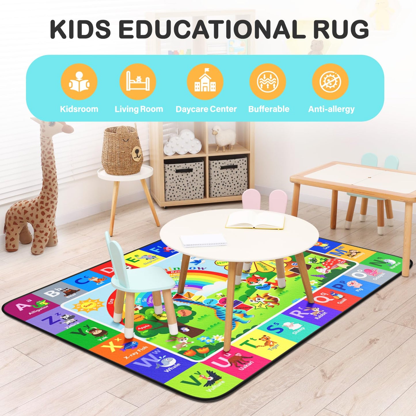 Diysani Kids Rug, Kids Carpet for Bedroom,Non-Slip Kids Playroom Rug, Washable Educational Rug for Learning Alphabet, Animals,3x5 feet