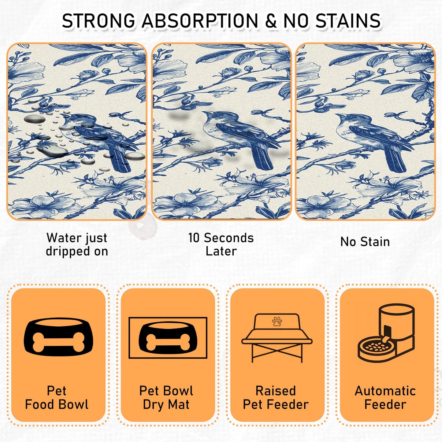 Hamdwerk Dog Cat Food Mat - Absorbent Quick Dry Dog Bowl Mats for Food and Water, Anti Slip Cat Feeding Placemat for Floors, Diatomite Pet Dish Matts Accessories Supplies, Floral Bird Style, 12*20in