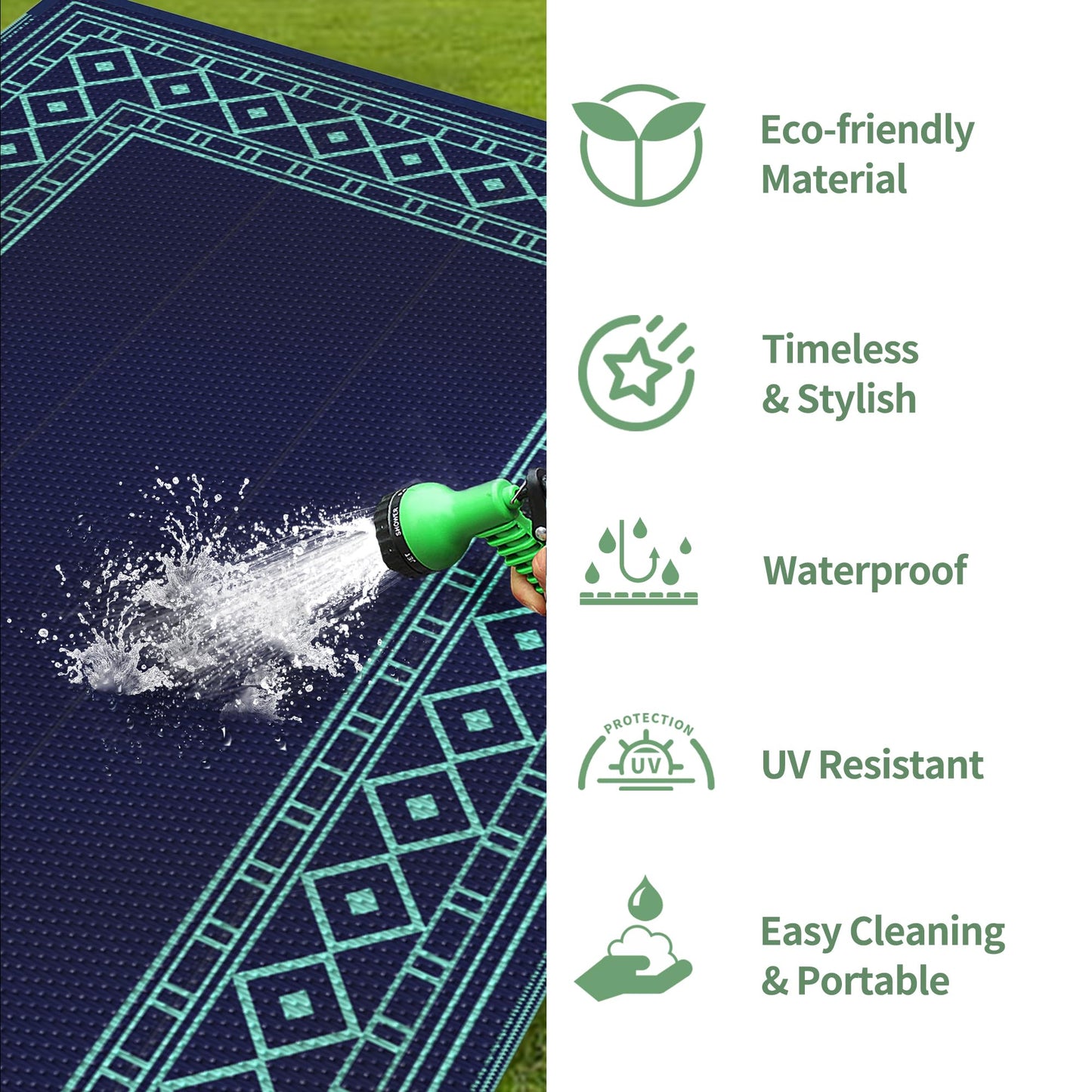 GENIMO Outdoor Rug Waterproof 5'x8' for Patio, Foldable Reversible Plastic Straw Carpet for Travel Trailers, Outside Area Mat for Rv, Deck, Picnic, Porch, Balcony, Beach, Navy Blue & Jade Green