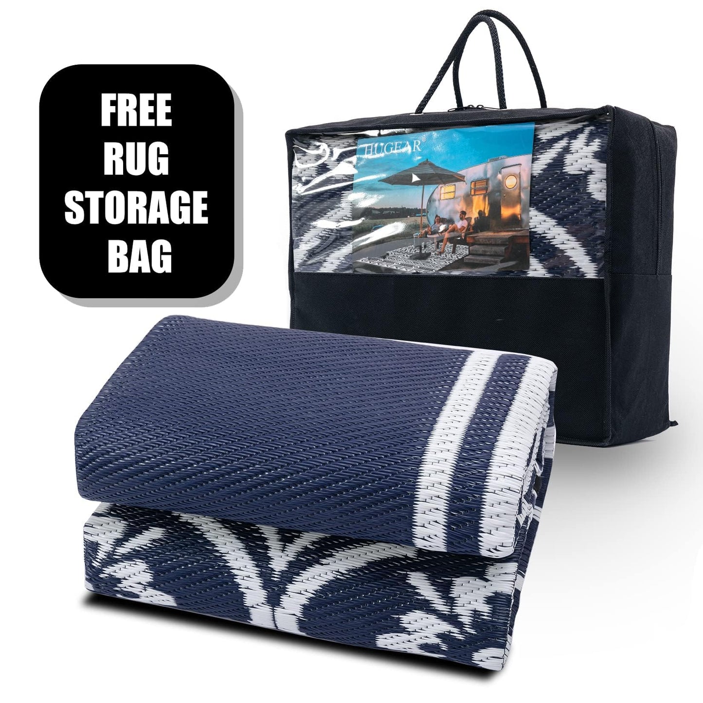 HUGEAR Outdoor Patio Rug 5'x8' Waterproof Outside Area Rugs Blue Reversible Plastic Straw Carpet for RV Deck Camping Entryance Porch Picnic Balcony Beach