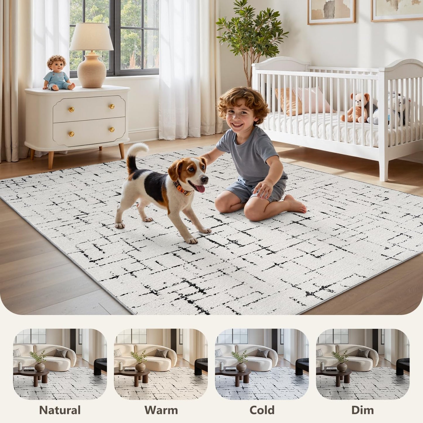 Engiw-Neutral 5x7 Area Rug for Living Room Rug-Carpet Bedroom Rugs Textured Tufted Jacquard Modern Washable Rug for Dining Room Nursery Non Slip-Black and White