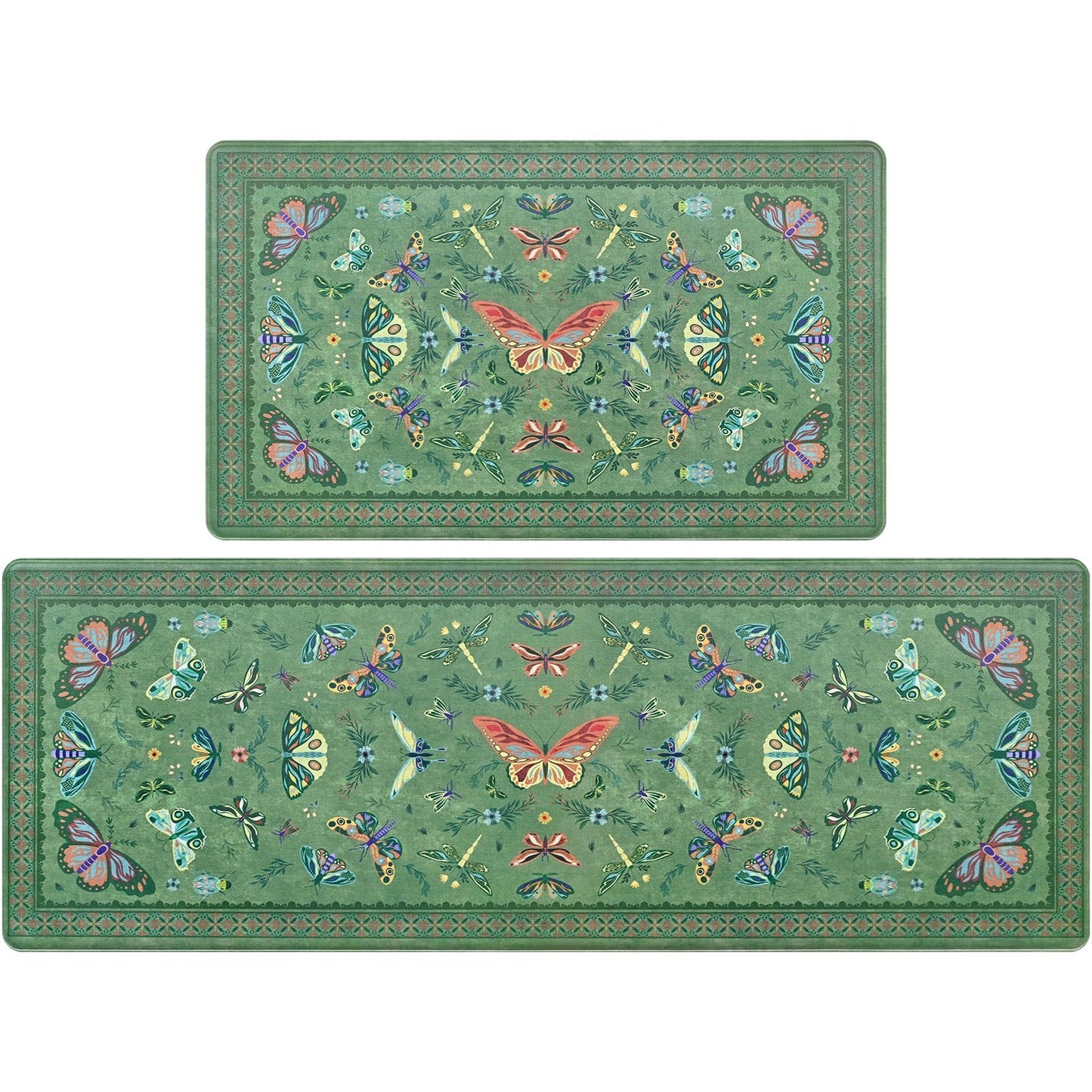 Yinhua Kitchen Rugs Sets of 2, Green Insect Kitchen Rugs Non Slip Washable, Farmhouse Anti Fatigue Mats for Kitchen Floor, PVC Waterproof Rug for Spring Summer, 18"x30"+18"x48"