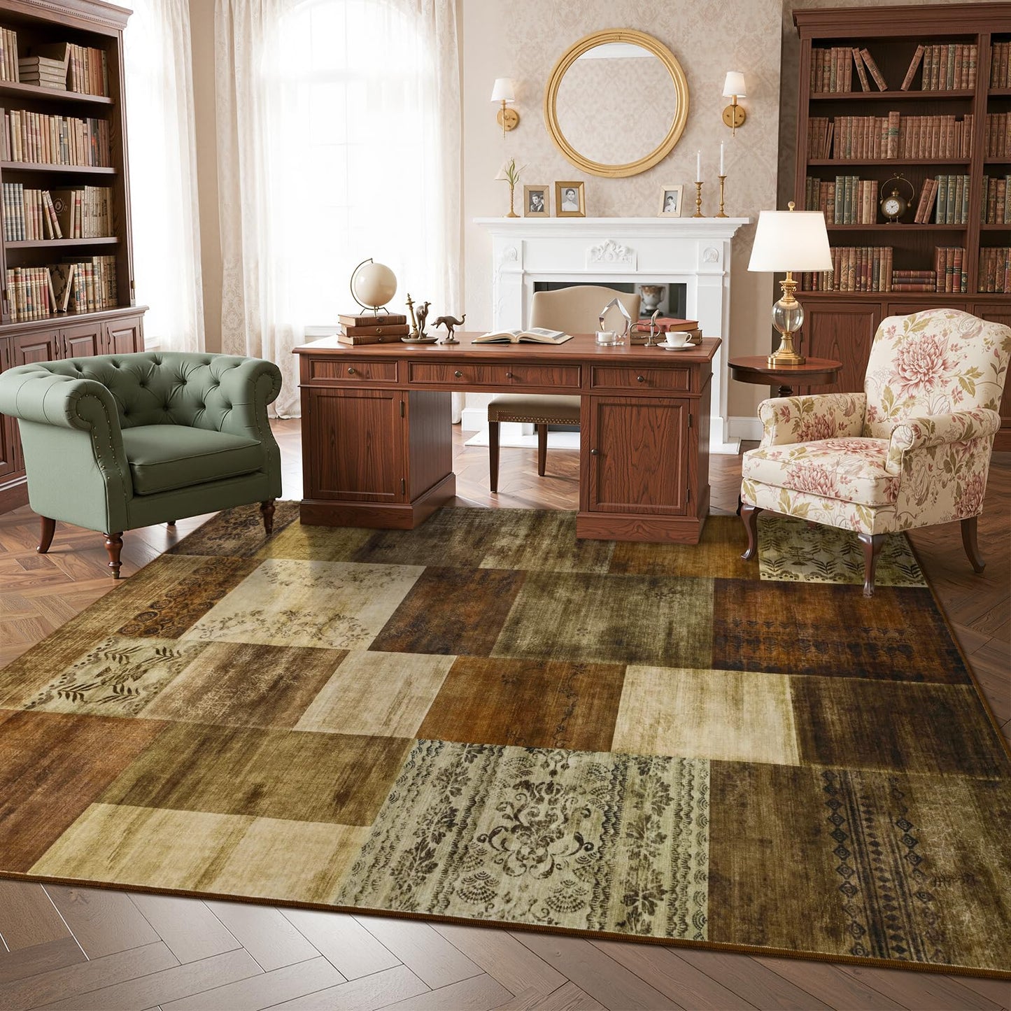 DweIke Washable Area Rugs 6x9 for Living Room, Large Modern Geometric Brown Soft Patchwork Carpet, Non-Slip Stain Resistant Throw Rug for Bedroom Dining Room Office Home Decor