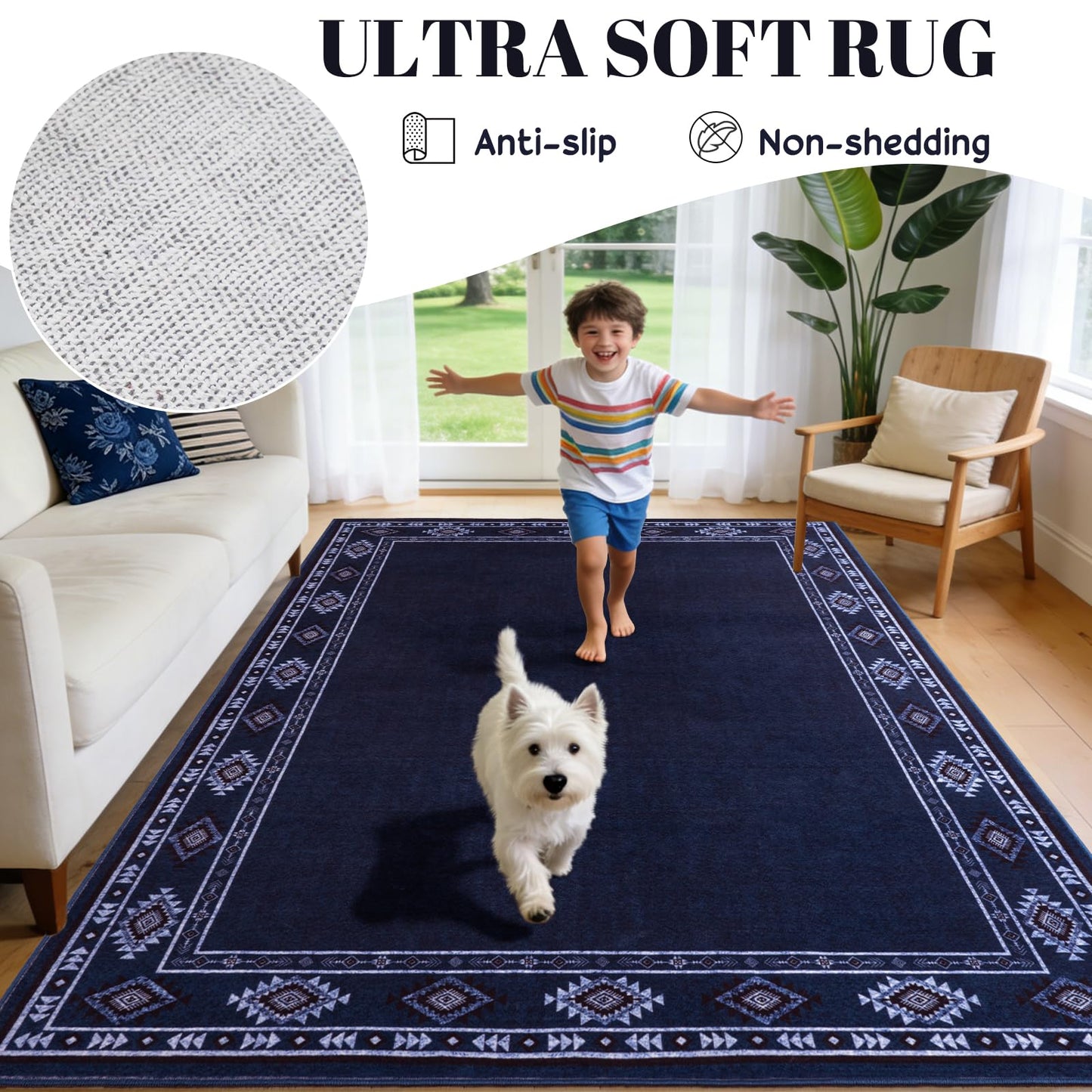 QDUIDU Large Area Rug for Bedroom Living Room, 4x6 Feet Ultra Soft Navy Blue Rugs Washable Modern Geometric Bordered Non Slip Low Pile Carpets Home Decor