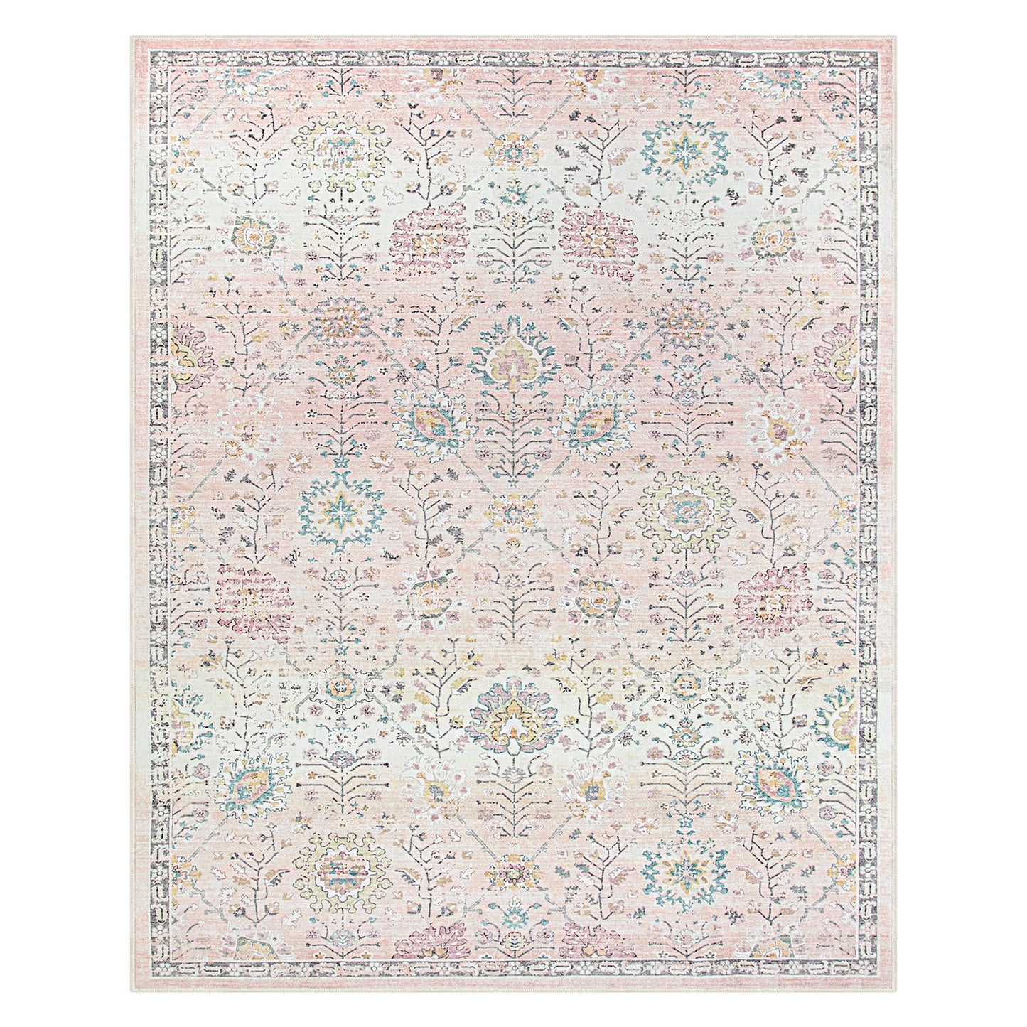 Lahome Pink Boho Area Rug, 8x10 Washable Rugs for Bedroom Girls Living Room, Soft Blush Floral Non Slip Pastel Thin Floor Carpet for Classroom Playroom Home Decor