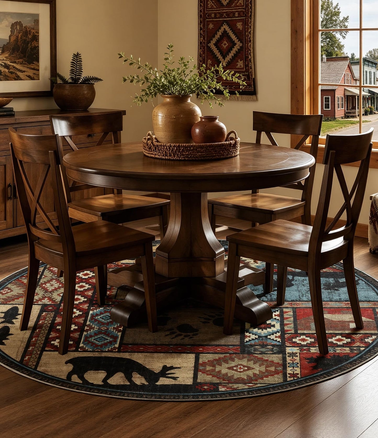 YIHOUSE Rustic Round Rug 4ft, Washable Circle Rug with Non-Slip Backing, Low Pile Soft Western Cabin Rugs for Living Room, Bedroom
