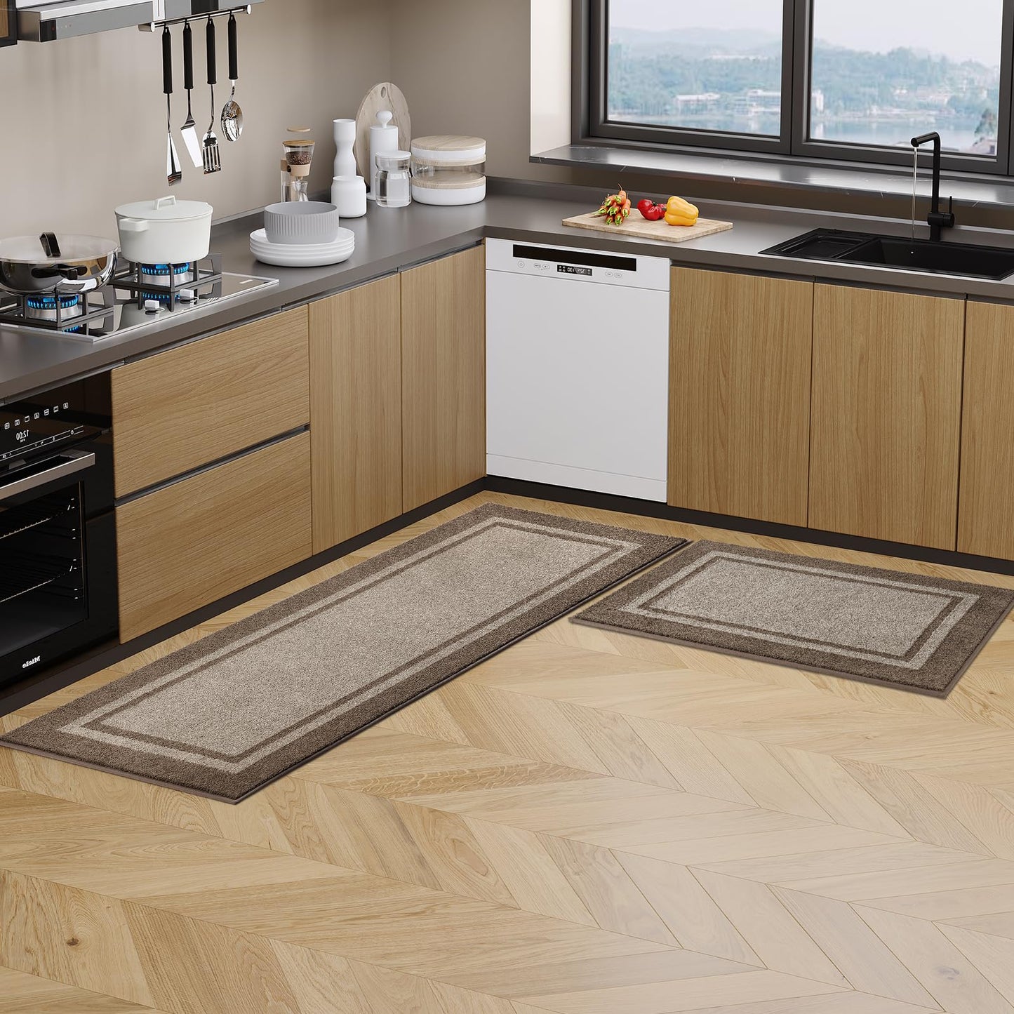 anllugs Kitchen Rugs 24" x 36", Non-Slip Machine Washable Kitchen Runner Rugs Floor Mats, Absorbent Comfort Standing Mats for Kitchen, Sink, Laundry and Hallway, Beige & Grayish Brown