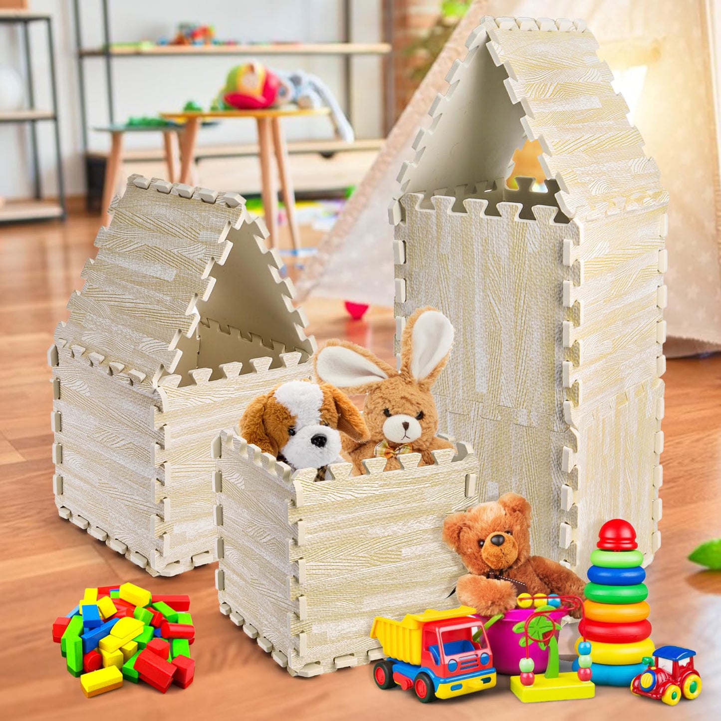 Tebery 16 Pieces Printed Wood Grain Floor Tiles 3/8-Inch Thick EVA Foam Puzzle Floor Mat (White Wood)